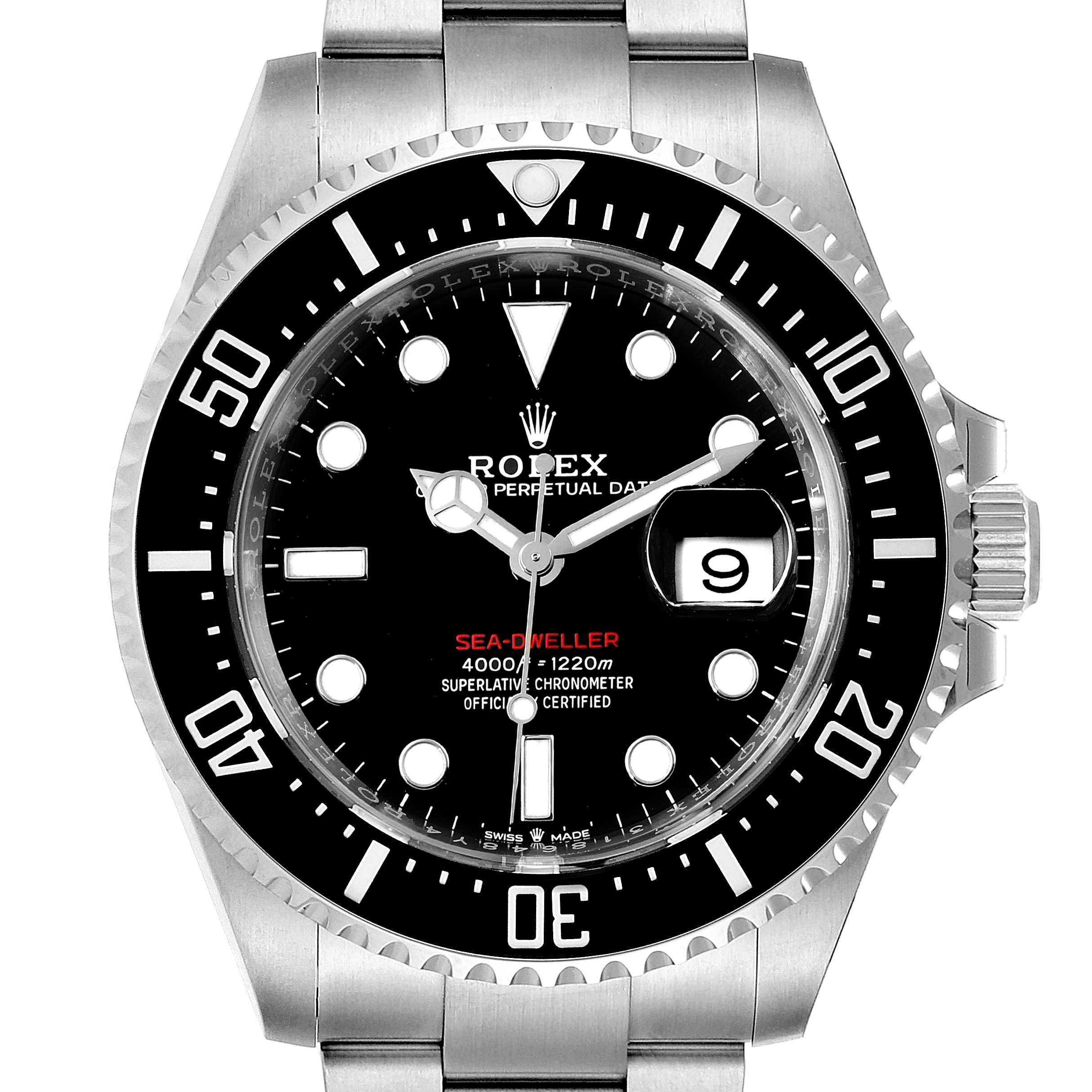The image shows a front view of the Rolex Sea-Dweller 126600 Men
s Stainless Steel Black Dial 126600 Men
s Stainless Steel Black Dial watch, highlighting the dial, bezel, and stainless steel bracelet.