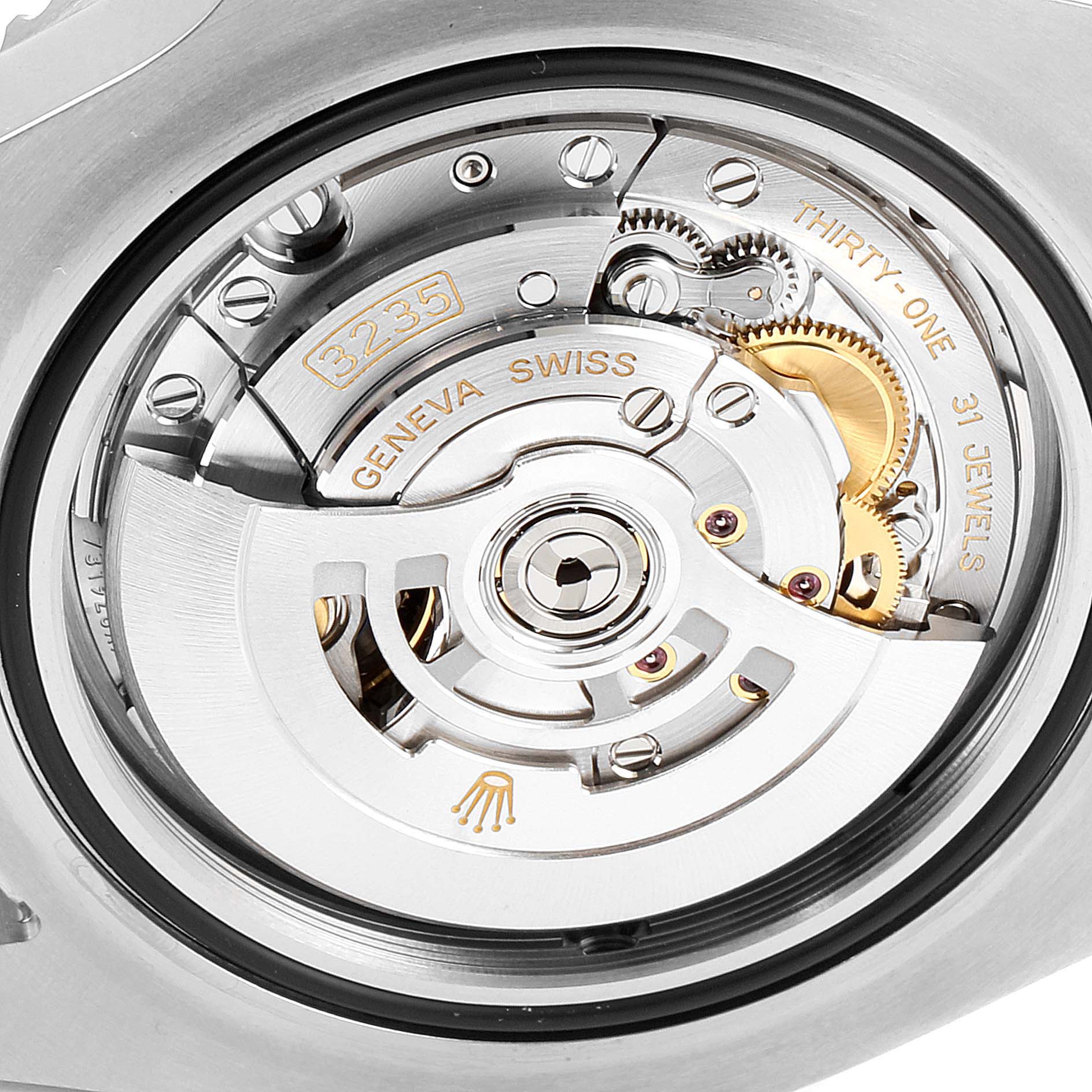 This image showcases the movement or internal mechanism of a Rolex Sea-Dweller 126600 Men
s Stainless Steel Black Dial 126600 Men
s Stainless Steel Black Dial watch, angled to display intricate components.