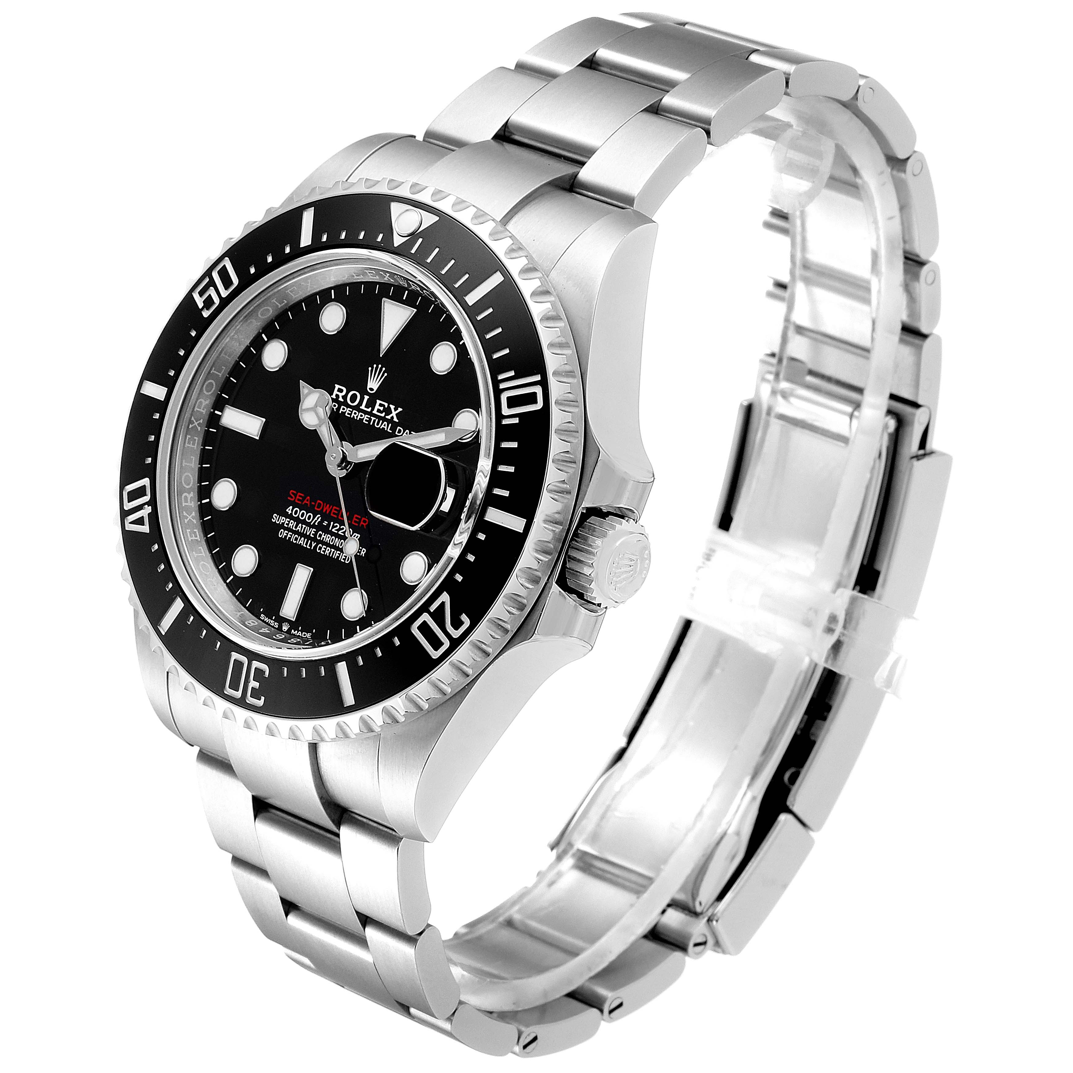 The Rolex Sea-Dweller 126600 Men
s Stainless Steel Black Dial 126600 Men
s Stainless Steel Black Dial watch is shown from an angled side view, displaying the dial, bezel, crown, and stainless steel bracelet.