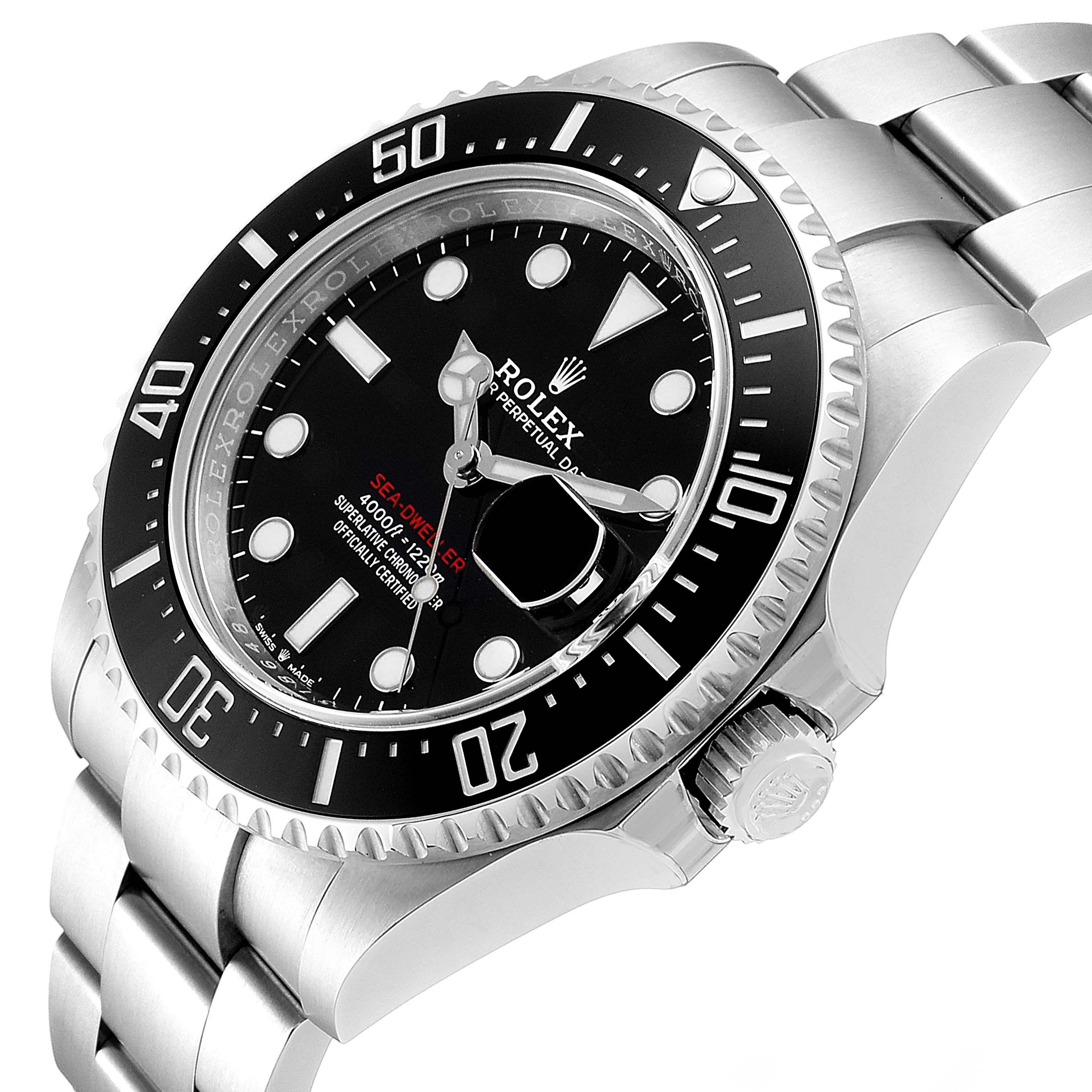 This image shows a Rolex Sea-Dweller 126600 Men
s Stainless Steel Black Dial 126600 Men
s Stainless Steel Black Dial watch at an angle highlighting the face, bezel, crown, and part of the bracelet.