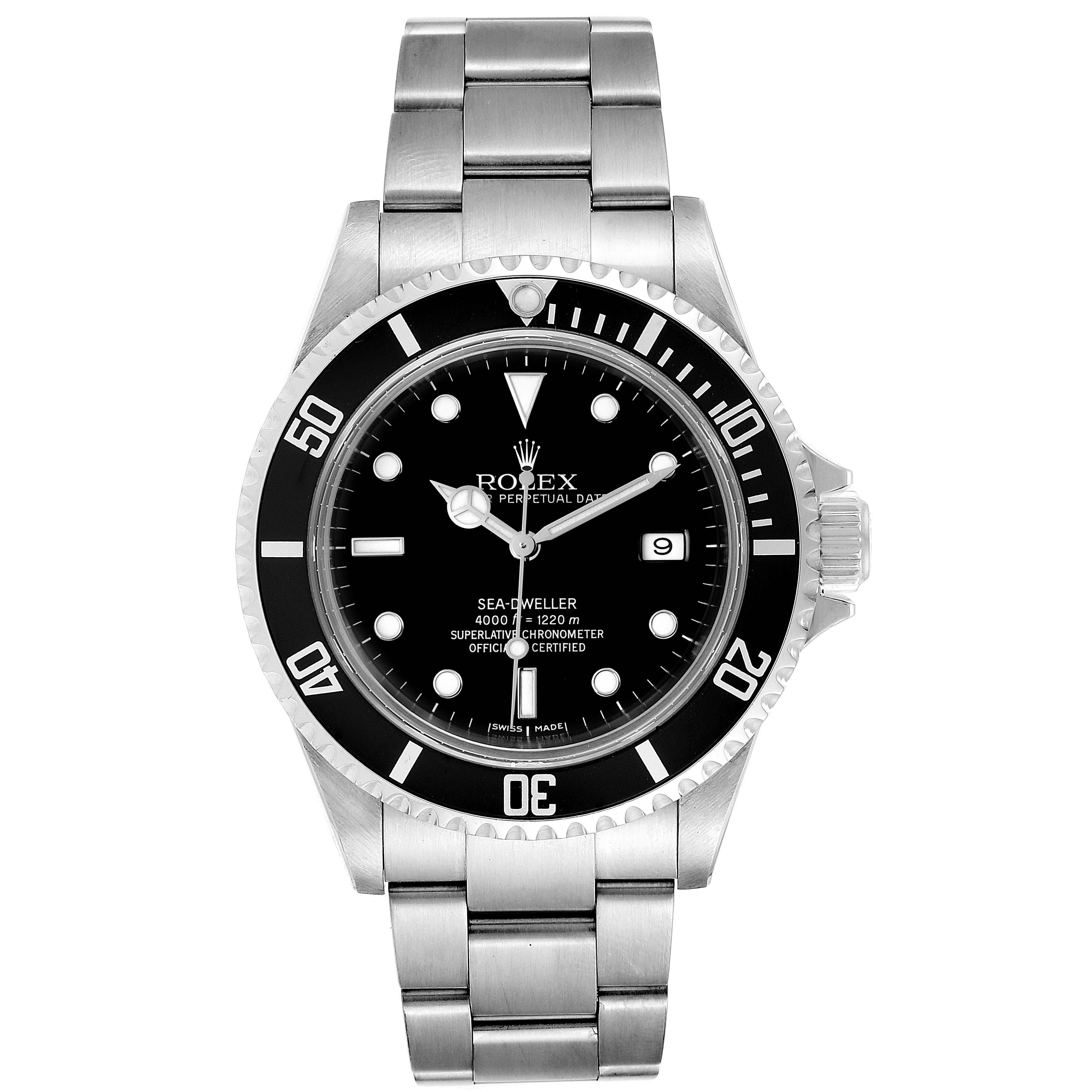 The image shows a front view of the Sea-Dweller model by Rolex, featuring the dial, bezel, crown, and bracelet.