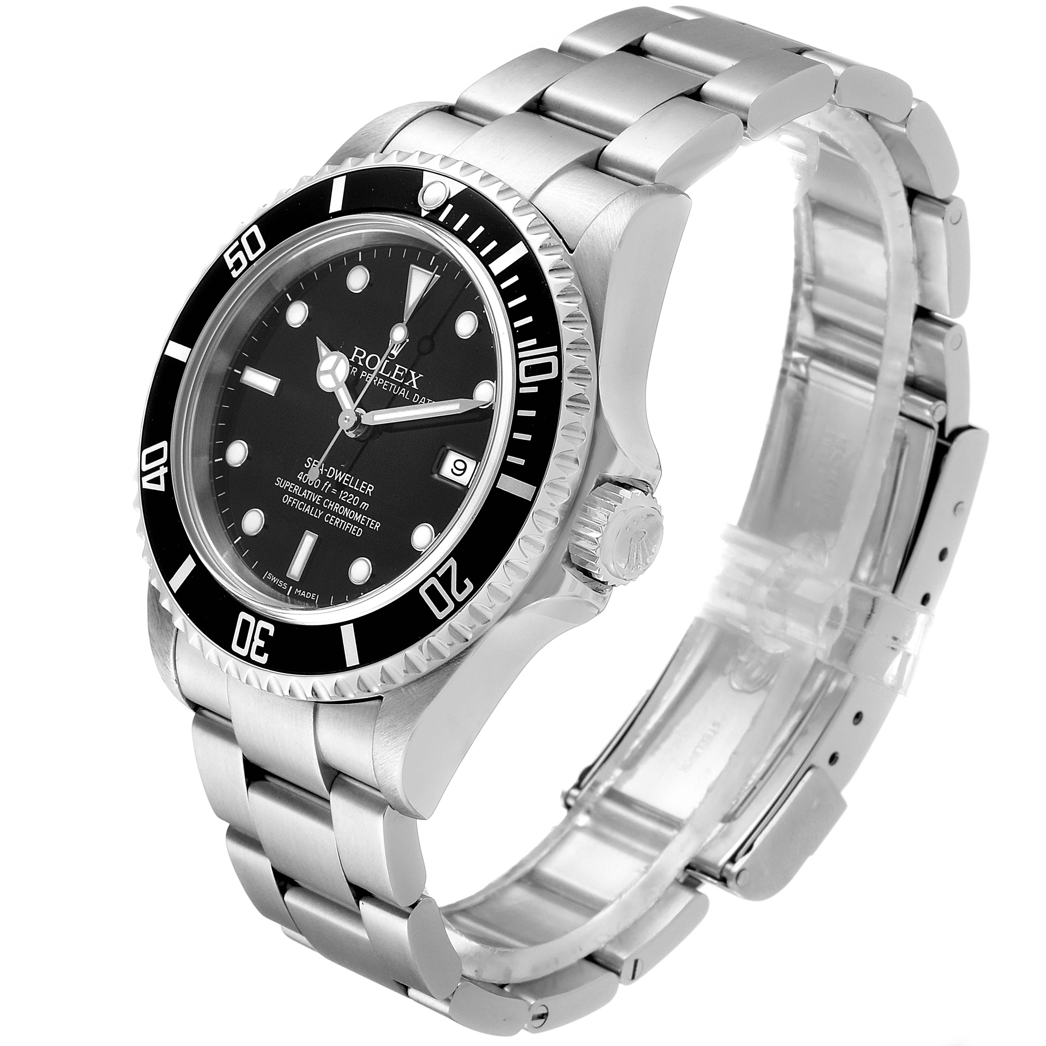 The Rolex Sea-Dweller 16600 Men
s Stainless Steel Black Dial 16600 Men
s Stainless Steel Black Dial watch is shown from a front-right angle, highlighting the face, bezel, crown, and bracelet.
