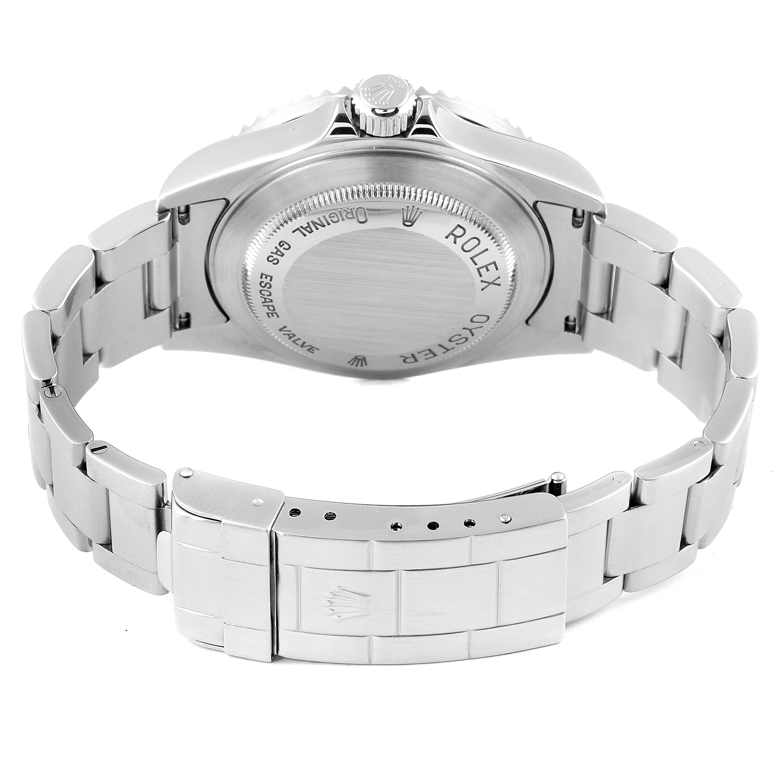 The image shows the back view of a Rolex Sea-Dweller 16600 Men
s Stainless Steel Black Dial 16600 Men
s Stainless Steel Black Dial watch, highlighting its case back and bracelet.