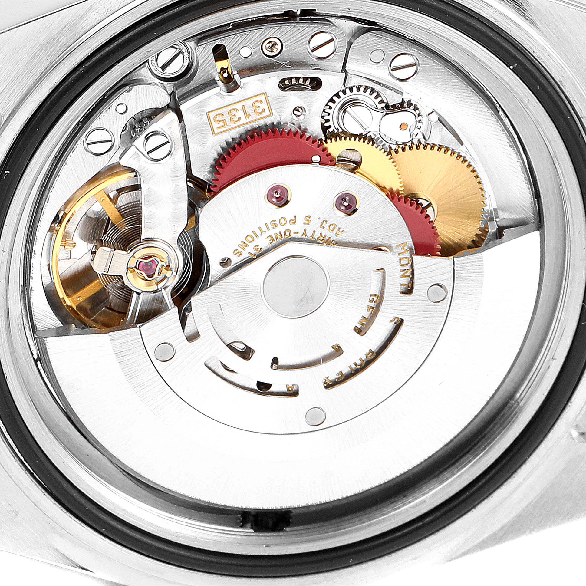 This image shows a close-up of the movement inside the Rolex Sea-Dweller 16600 Men
s Stainless Steel Black Dial 16600 Men
s Stainless Steel Black Dial watch, highlighting its intricate gears and components.