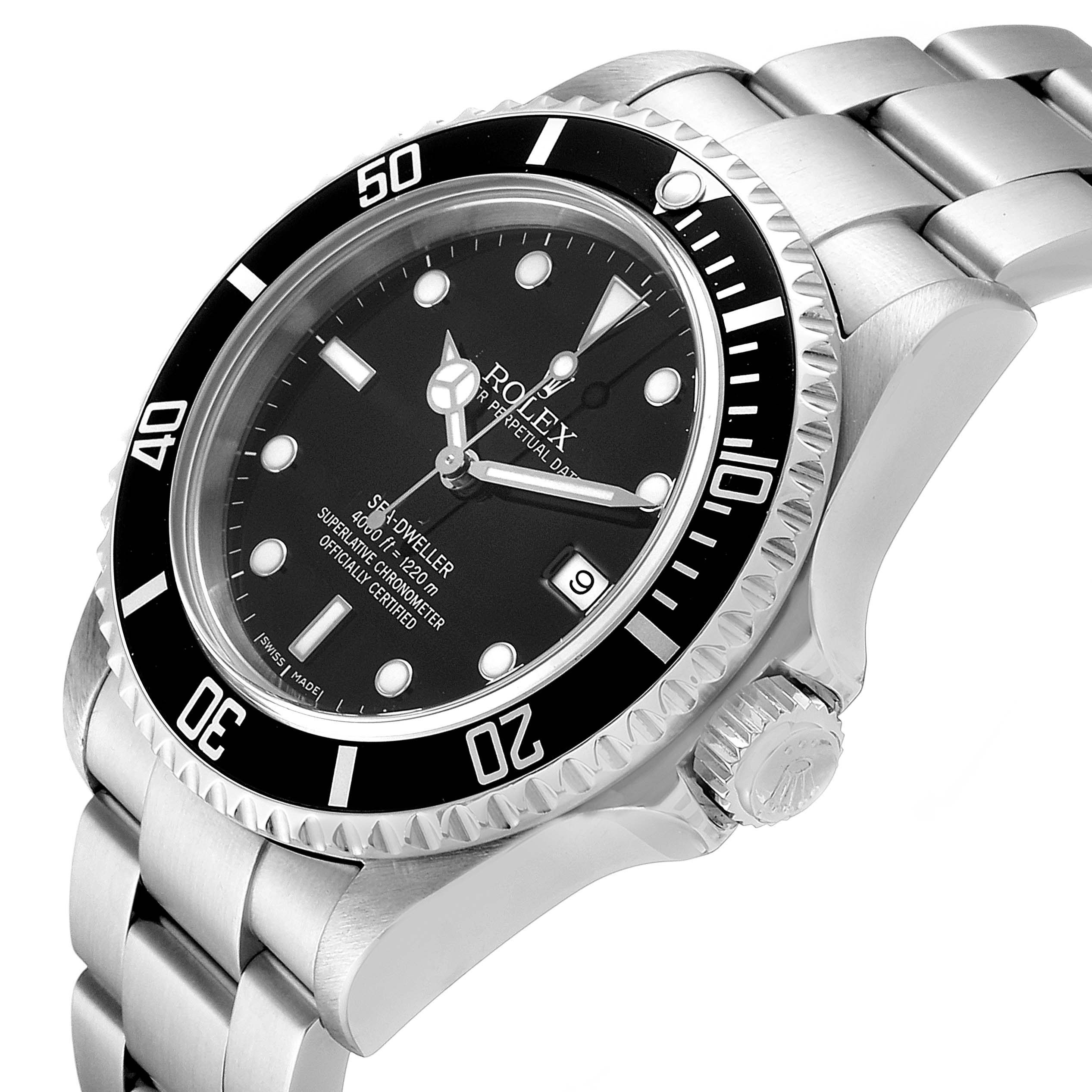 This image shows a side and front angle of the Rolex Sea-Dweller 16600 Men
s Stainless Steel Black Dial 16600 Men
s Stainless Steel Black Dial watch, highlighting the bezel, dial, crown, and bracelet.