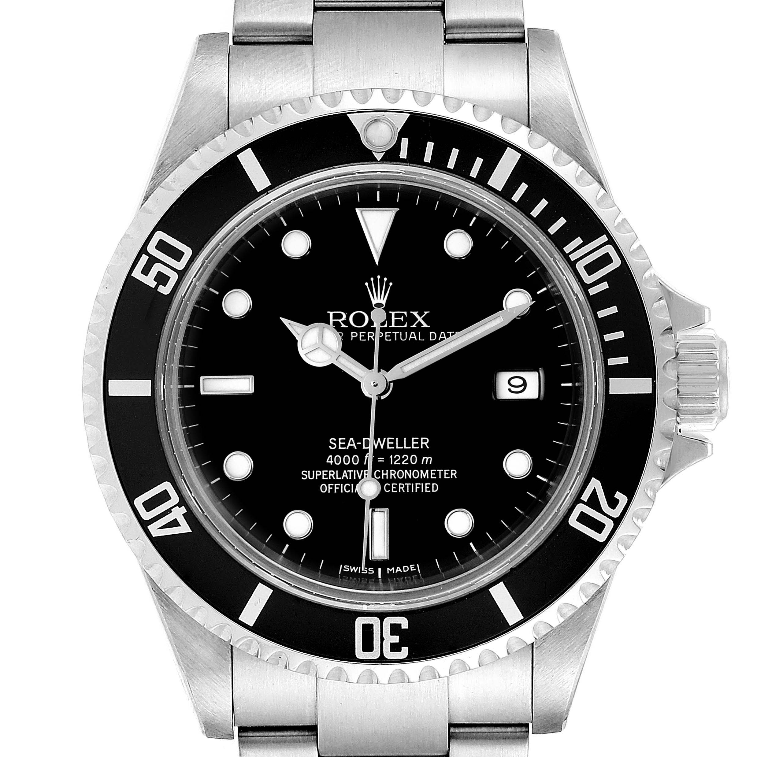 This image shows a front view of the Rolex Sea-Dweller 16600 Men
s Stainless Steel Black Dial 16600 Men
s Stainless Steel Black Dial watch, displaying its bezel, dial, hands, and part of the bracelet.