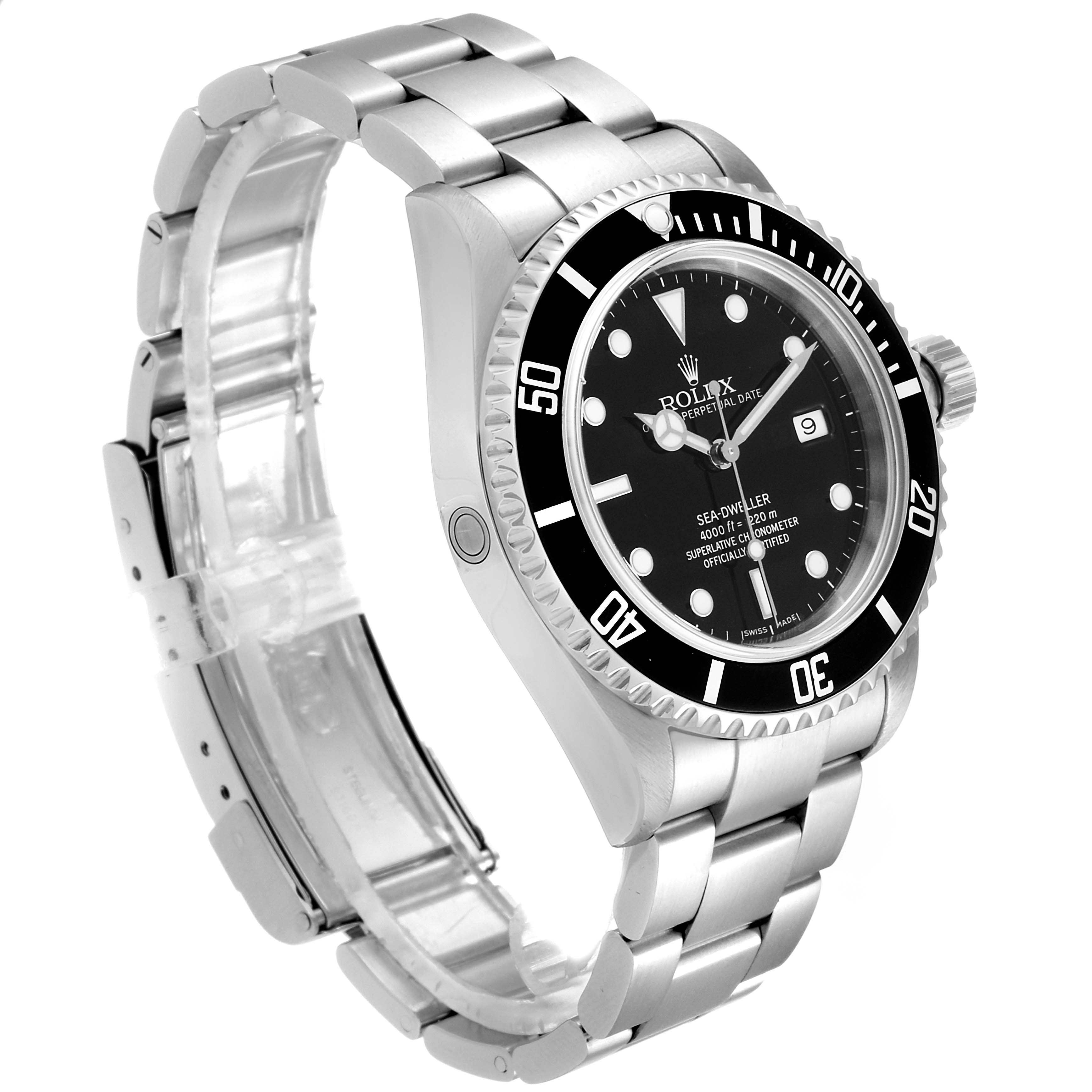 The image shows a Rolex Sea-Dweller 16600 Men
s Stainless Steel Black Dial 16600 Men
s Stainless Steel Black Dial watch at a three-quarter angle, highlighting its bracelet, bezel, and dial.