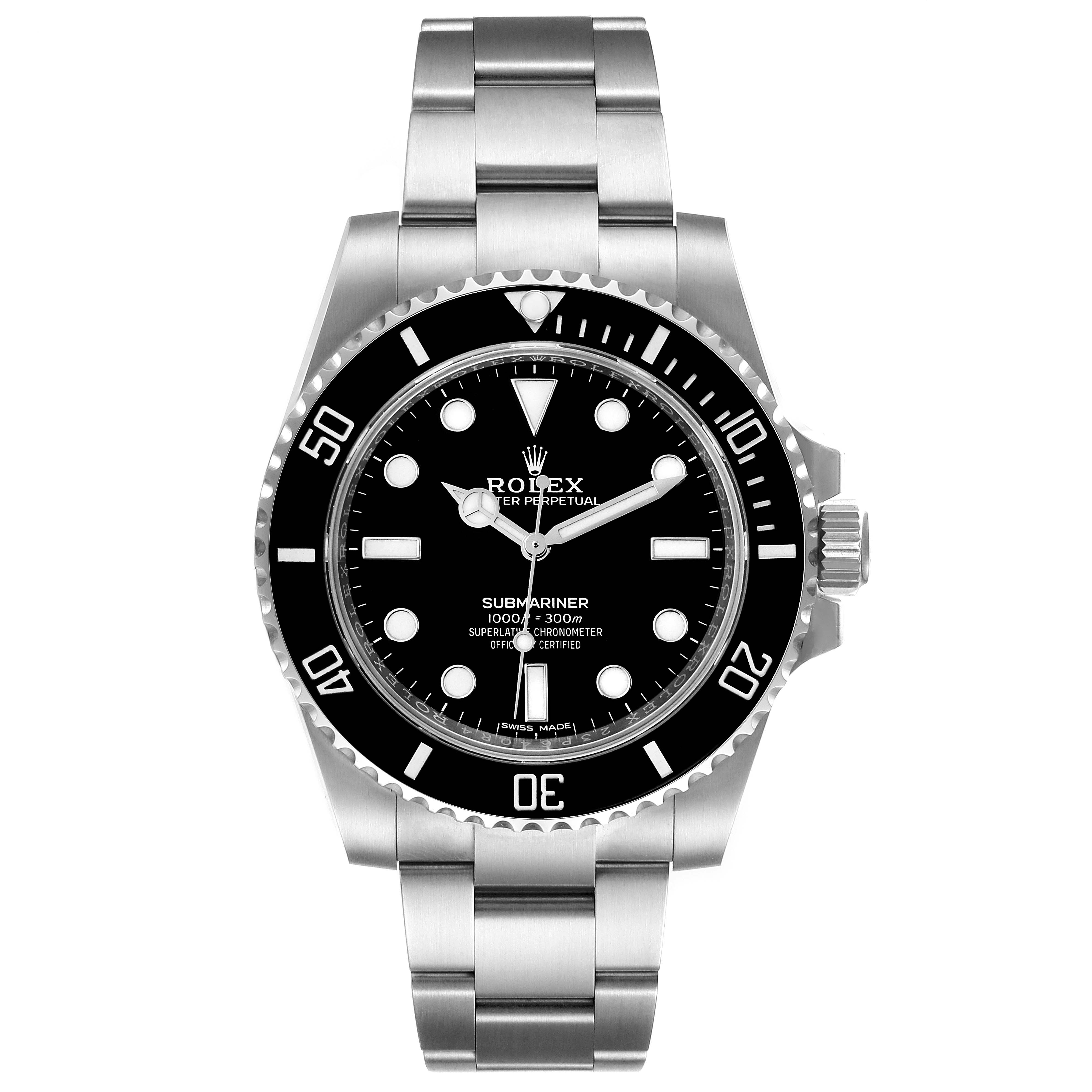 This image shows a frontal view of the Rolex Submariner 114060 Men
s Stainless Steel Black Dial 114060 Men
s Stainless Steel Black Dial watch, displaying the dial, bezel, and bracelet.