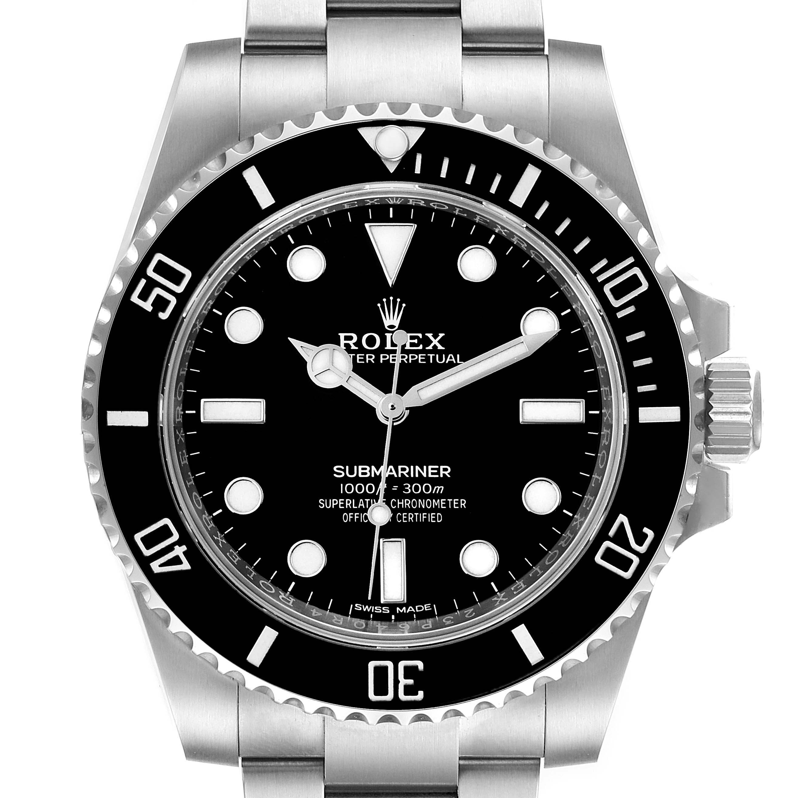 This is a front view of the Rolex Submariner 114060 Men
s Stainless Steel Black Dial 114060 Men
s Stainless Steel Black Dial watch showing the face, bezel, and part of the bracelet.