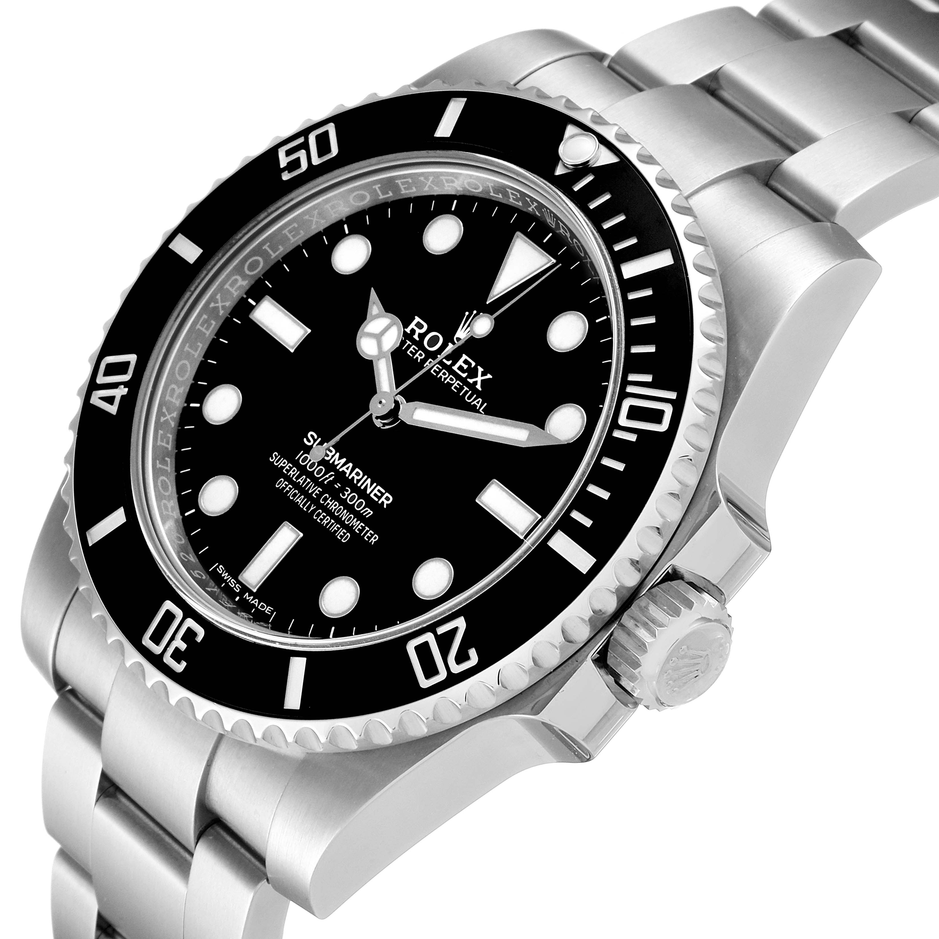 This image shows a side perspective of a Rolex Submariner 114060 Men
s Stainless Steel Black Dial 114060 Men
s Stainless Steel Black Dial watch, highlighting the dial, bezel, crown, and stainless steel bracelet.