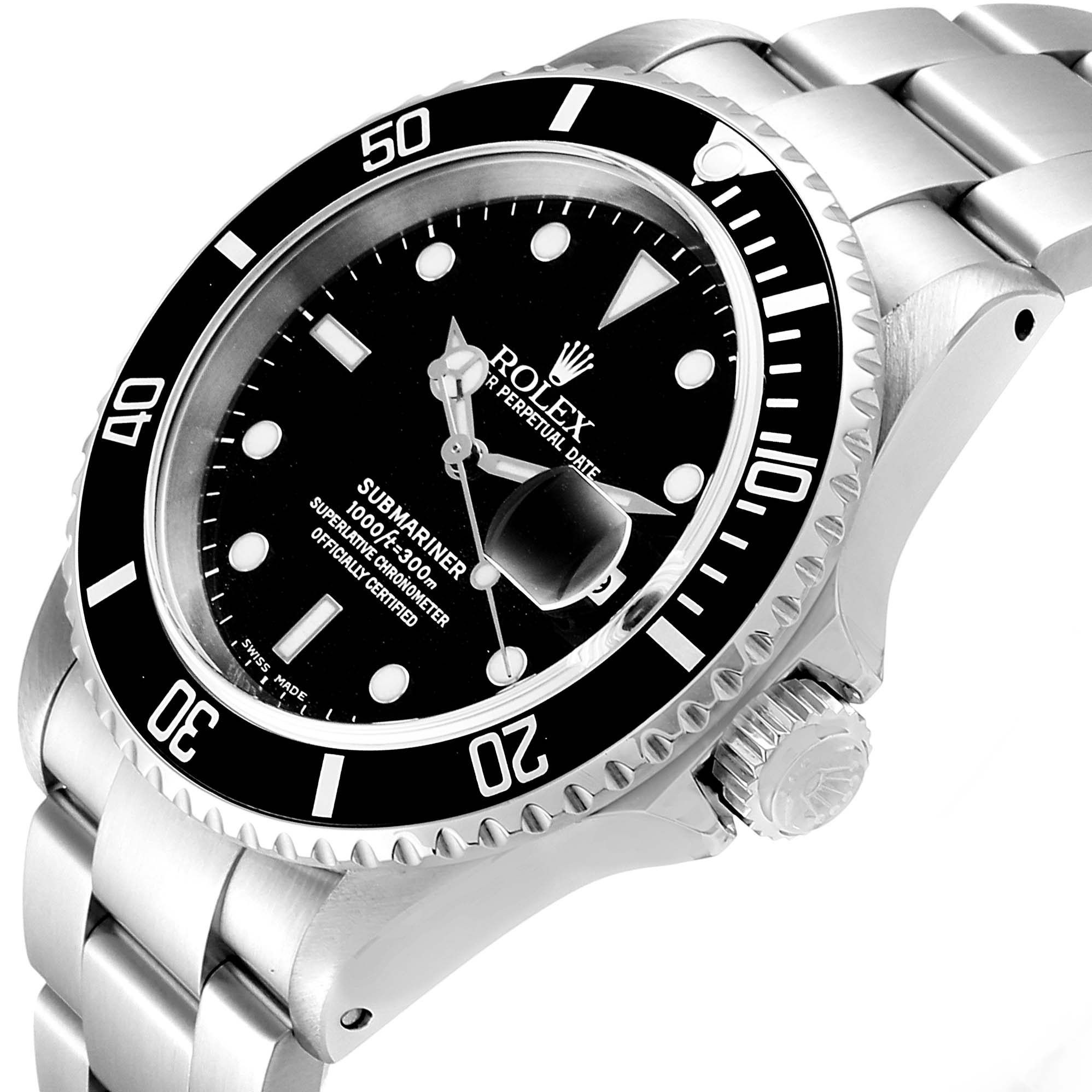 The Rolex Submariner 16610 Men
s Stainless Steel Black Dial 16610 Men
s Stainless Steel Black Dial watch is shown at an angle revealing its dial, bezel, crown, and part of the bracelet.