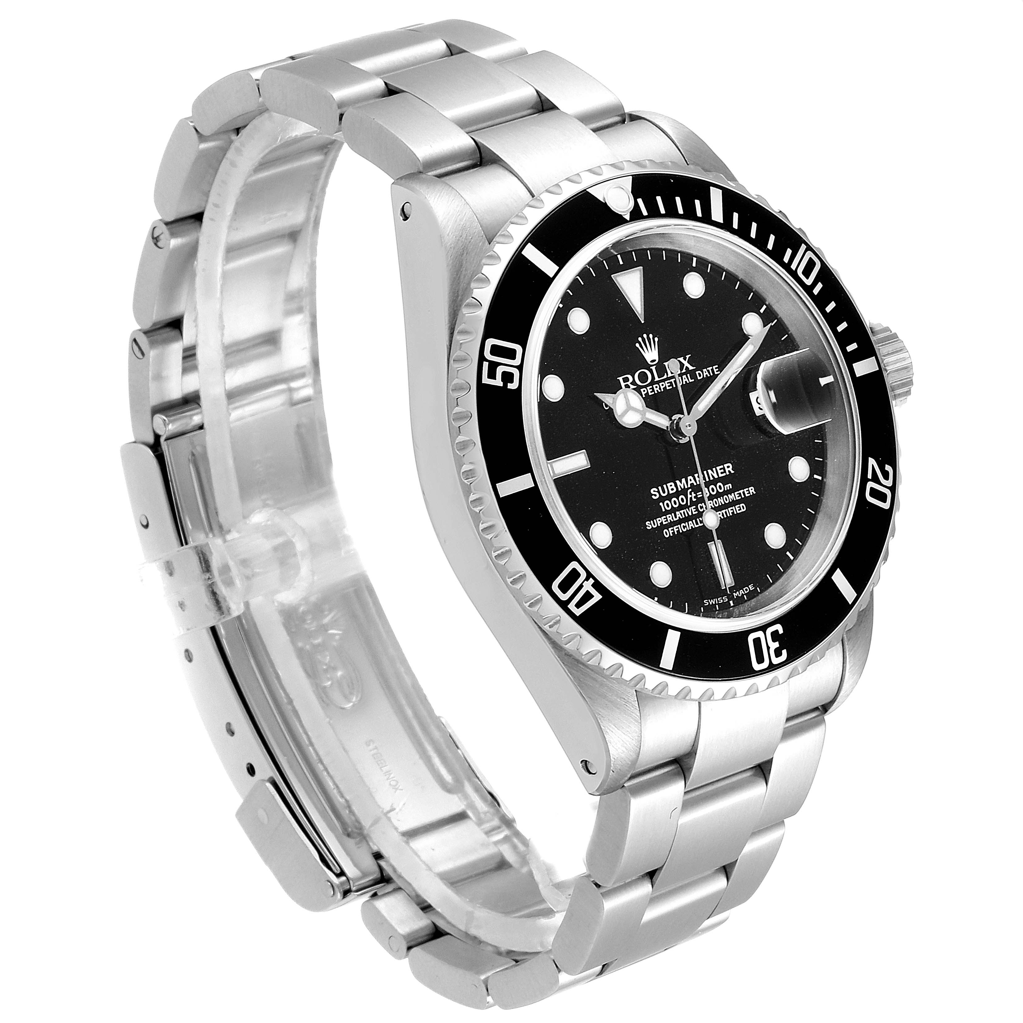 The image shows a side angle of the Rolex Submariner 16610 Men
s Stainless Steel Black Dial 16610 Men
s Stainless Steel Black Dial, highlighting the dial, rotating bezel, and metal bracelet.