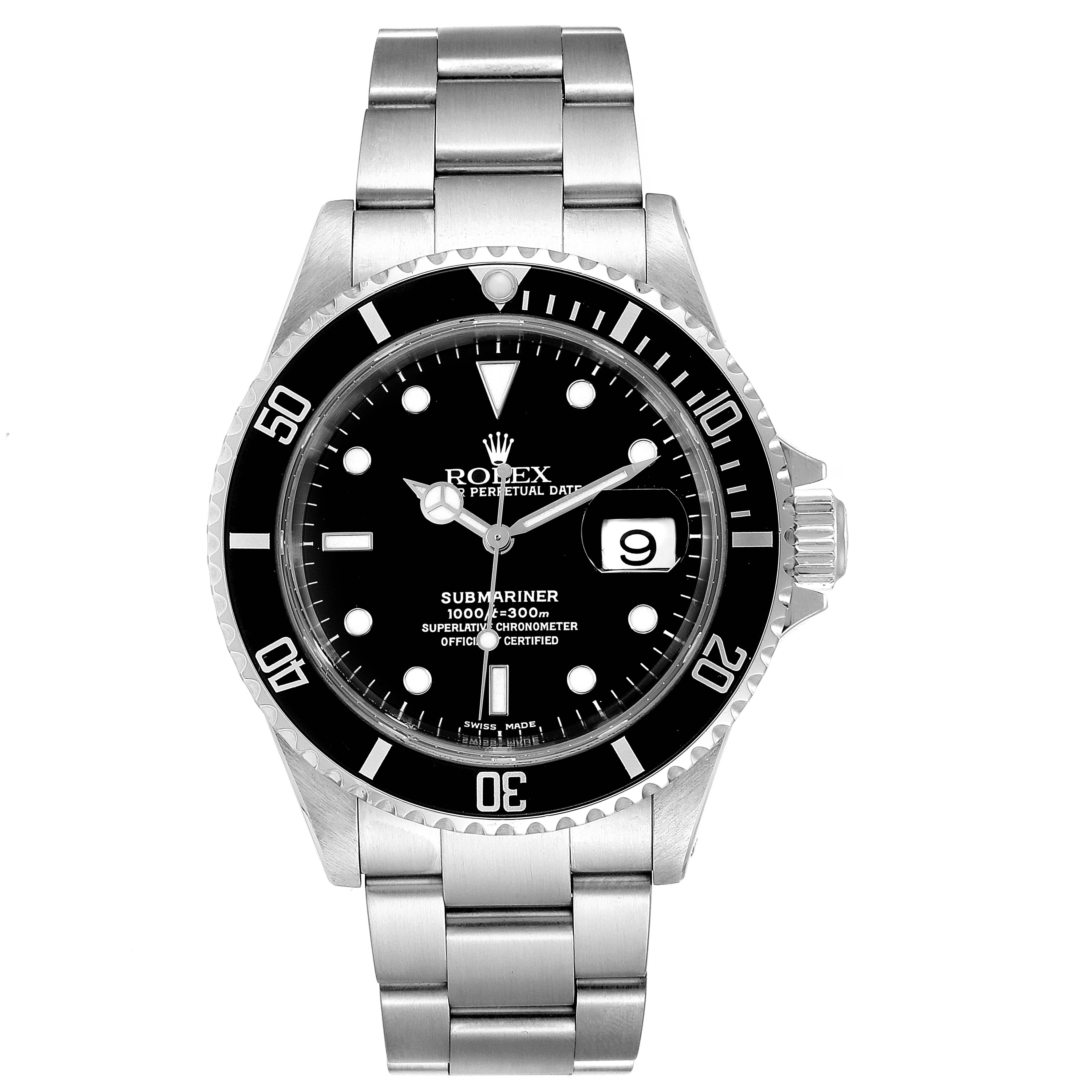 This image shows a front view of a Rolex Submariner 16610 Men
s Stainless Steel Black Dial 16610 Men
s Stainless Steel Black Dial watch, displaying the dial, bezel, and bracelet.