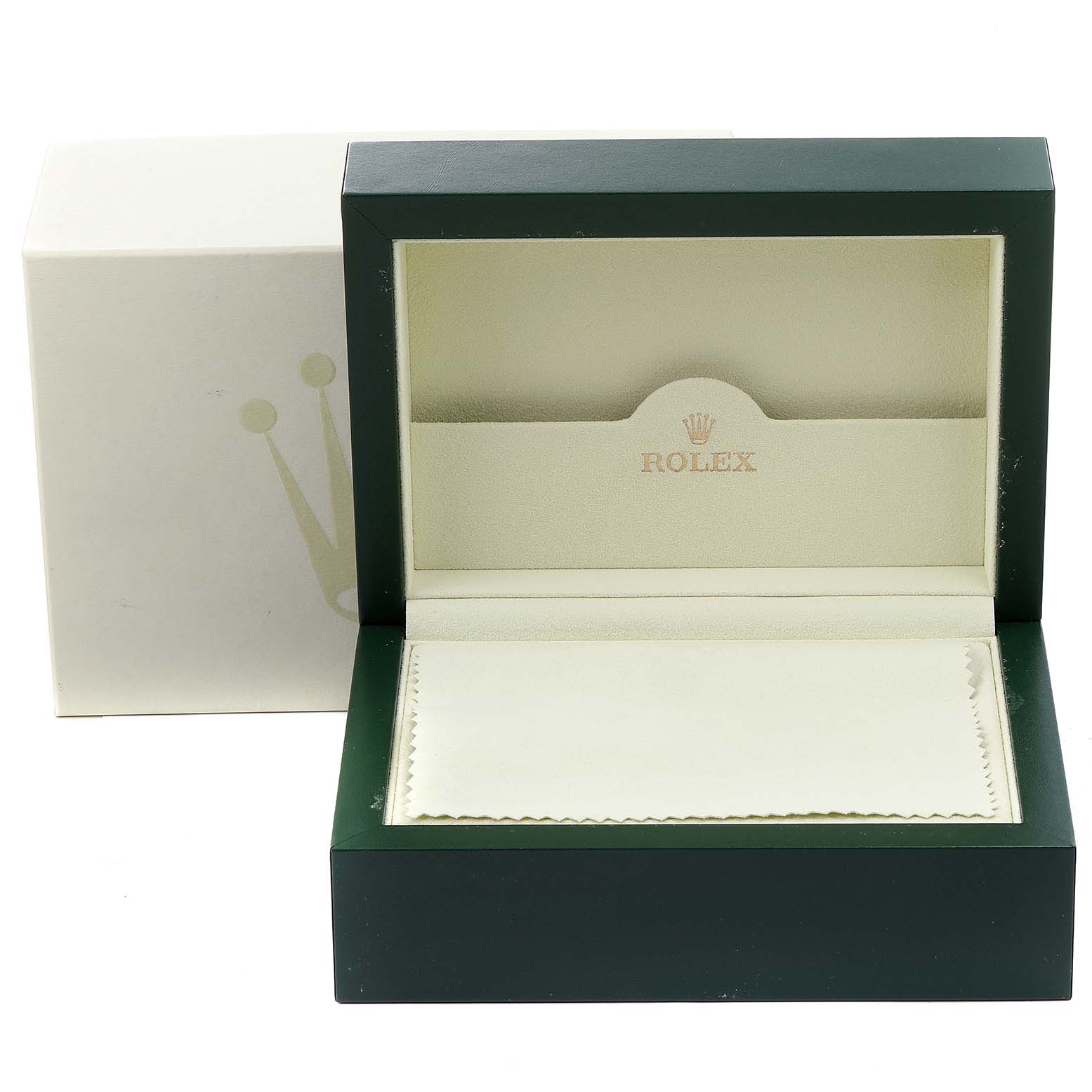 The image shows an empty Rolex Submariner 16610 Men
s Stainless Steel Black Dial 16610 Men
s Stainless Steel Black Dial watch box with a white cleaning cloth, viewed from the front.