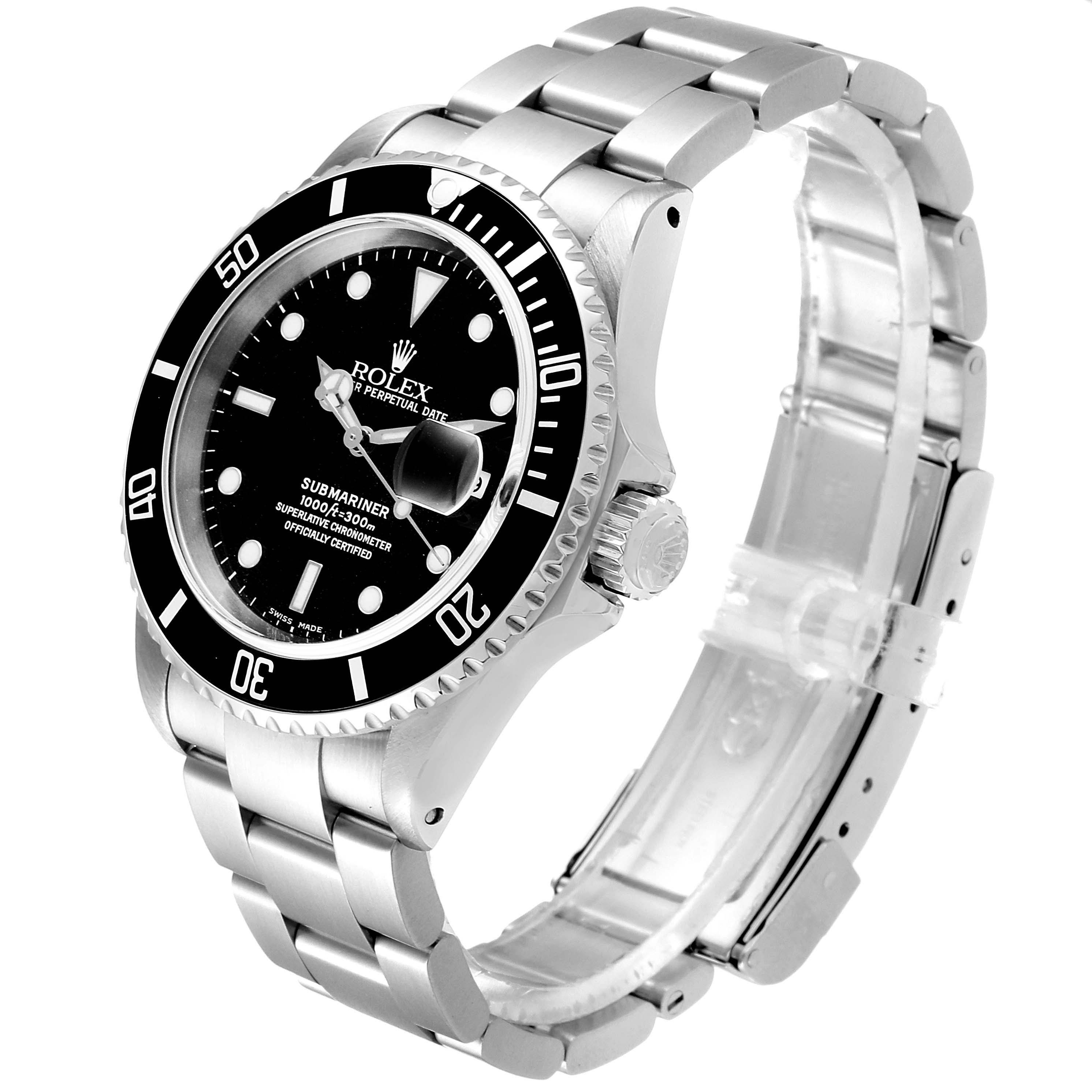 The image shows a Rolex Submariner 16610 Men
s Stainless Steel Black Dial 16610 Men
s Stainless Steel Black Dial watch from a three-quarter angle, highlighting the face, bezel, and stainless steel bracelet.
