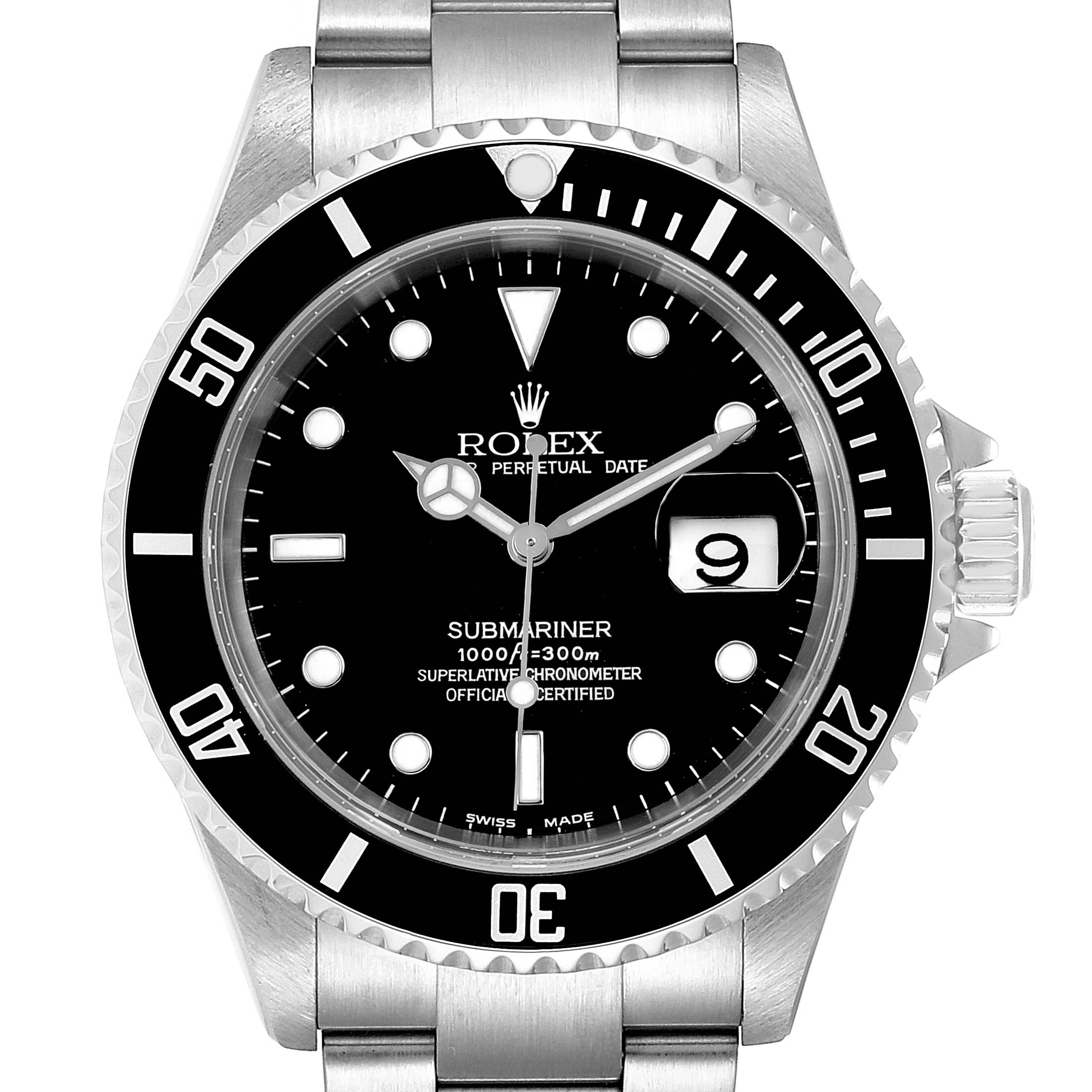 This image shows a front view of a Rolex Submariner 16610 Men
s Stainless Steel Black Dial 16610 Men
s Stainless Steel Black Dial watch, highlighting the dial, bezel, crown, and bracelet.