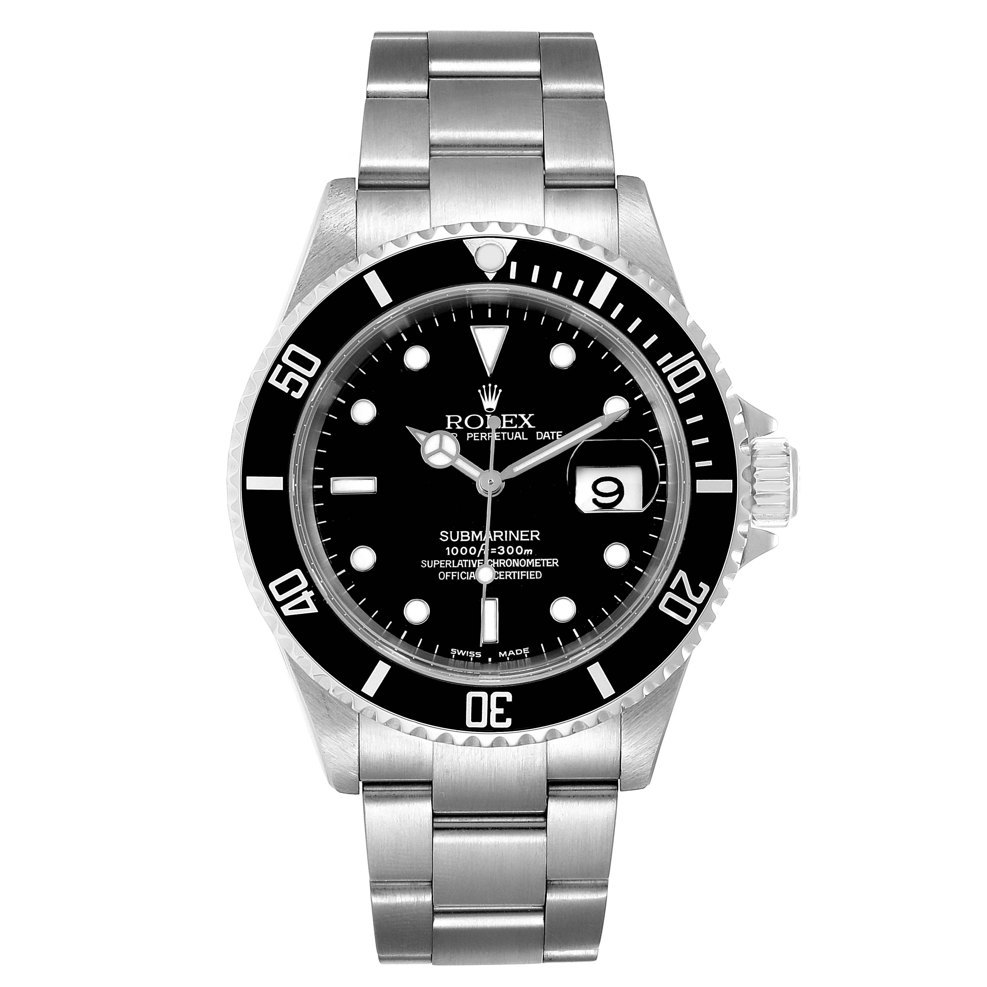 This Rolex Submariner 16610 Men
s Stainless Steel Black Dial 16610 Men
s Stainless Steel Black Dial watch is shown from a front angle, highlighting its black dial, bezel, and stainless steel bracelet.