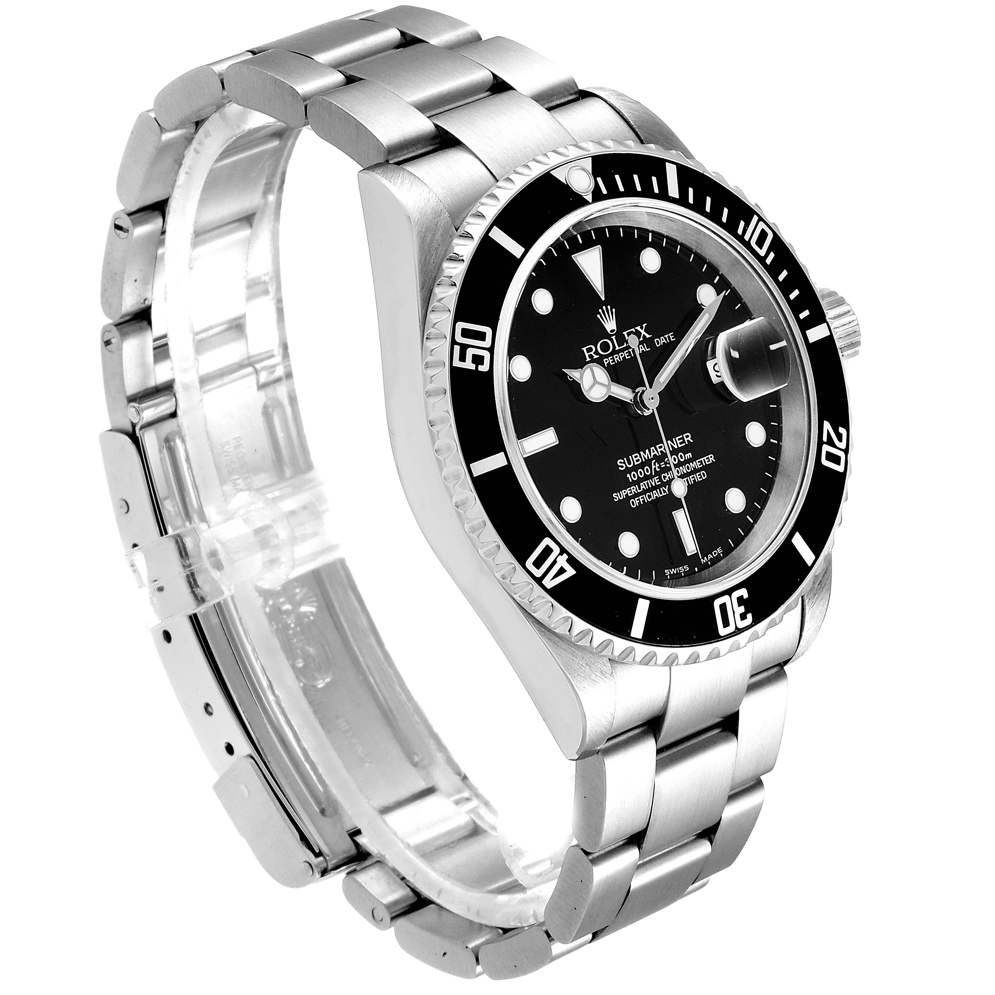 The image shows a side-angle view of the Rolex Submariner 16610 Men
s Stainless Steel Black Dial 16610 Men
s Stainless Steel Black Dial watch, displaying the dial, bezel, and bracelet.