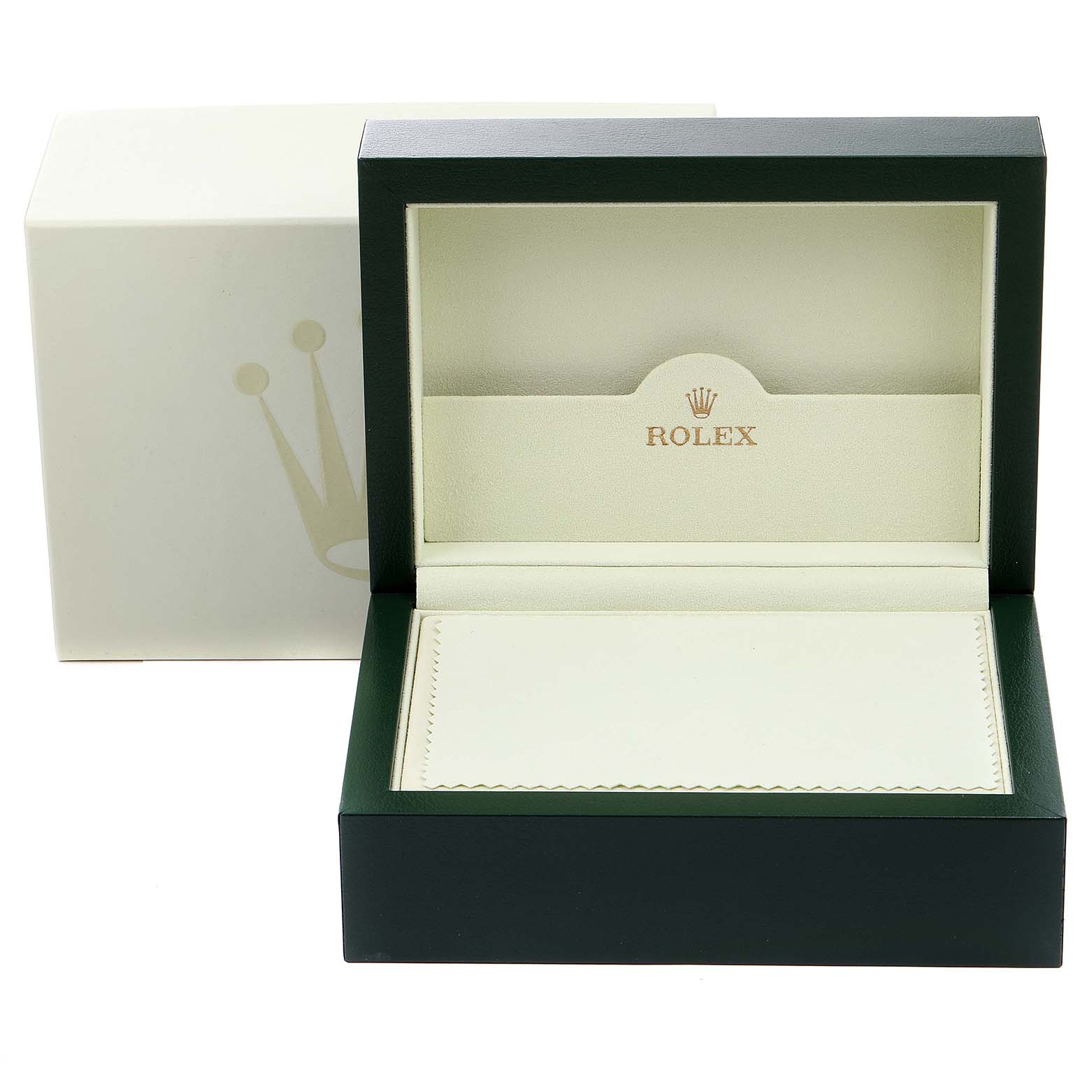 The image shows an open Rolex Submariner 16610 Men
s Stainless Steel Black Dial 16610 Men
s Stainless Steel Black Dial watch box with a padded interior and the Rolex logo inside.