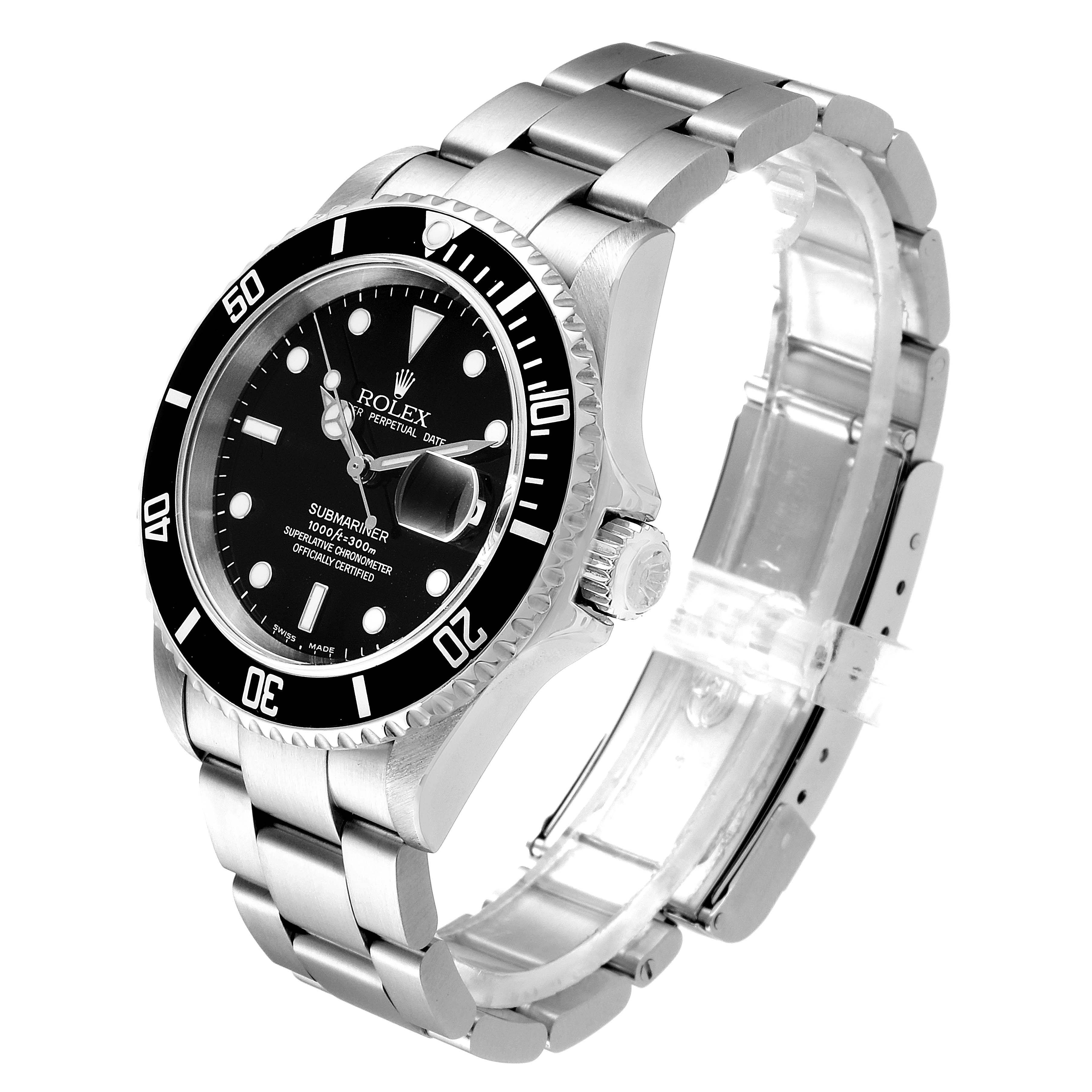 The image shows a Rolex Submariner 16610 Men
s Stainless Steel Black Dial 16610 Men
s Stainless Steel Black Dial watch angled from the front-left, highlighting the dial, bezel, case, crown, and bracelet.