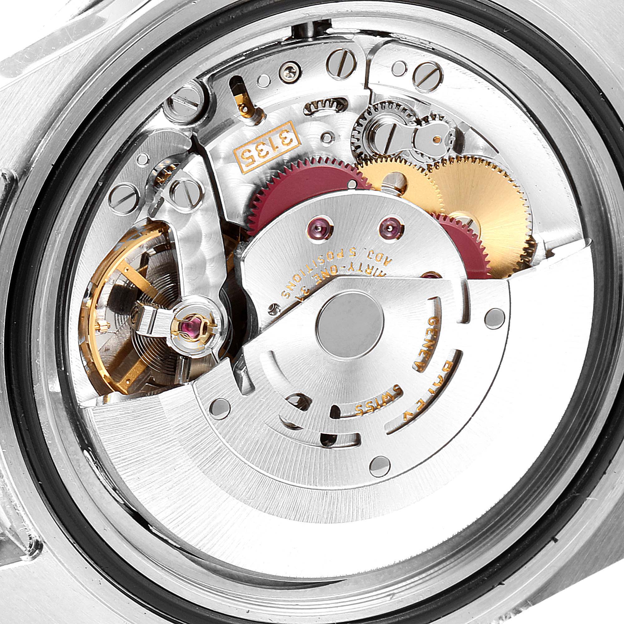 This image shows a close-up view of the internal movement mechanism of a Rolex Submariner 16610 Men
s Stainless Steel Black Dial 16610 Men
s Stainless Steel Black Dial watch.