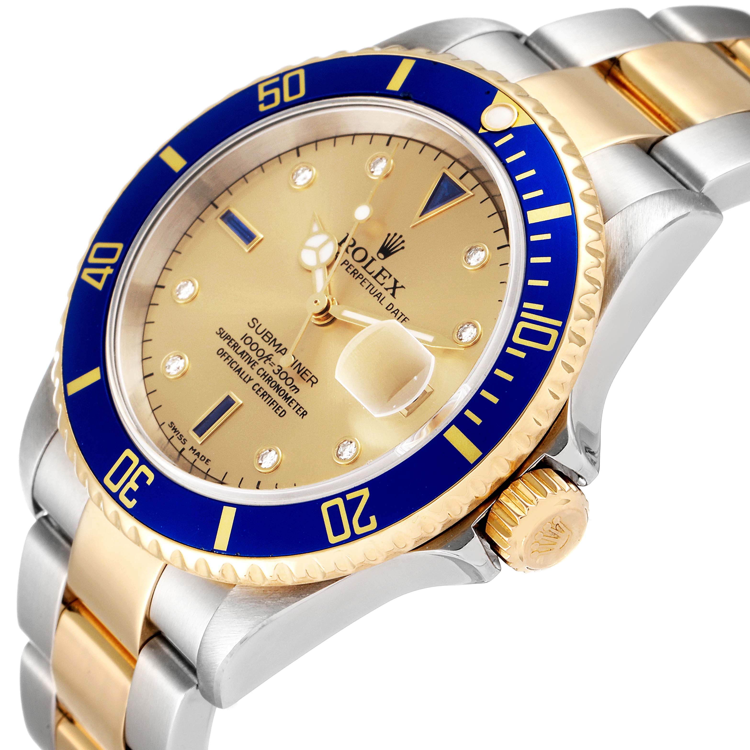 The image shows a Rolex Submariner 16613 Men's Steel and Gold (two tone) Champagne Dial 16613 Men's Steel and Gold (two tone) Champagne Dial watch from an angled side view, highlighting its gold bezel, blue dial, and metal bracelet.