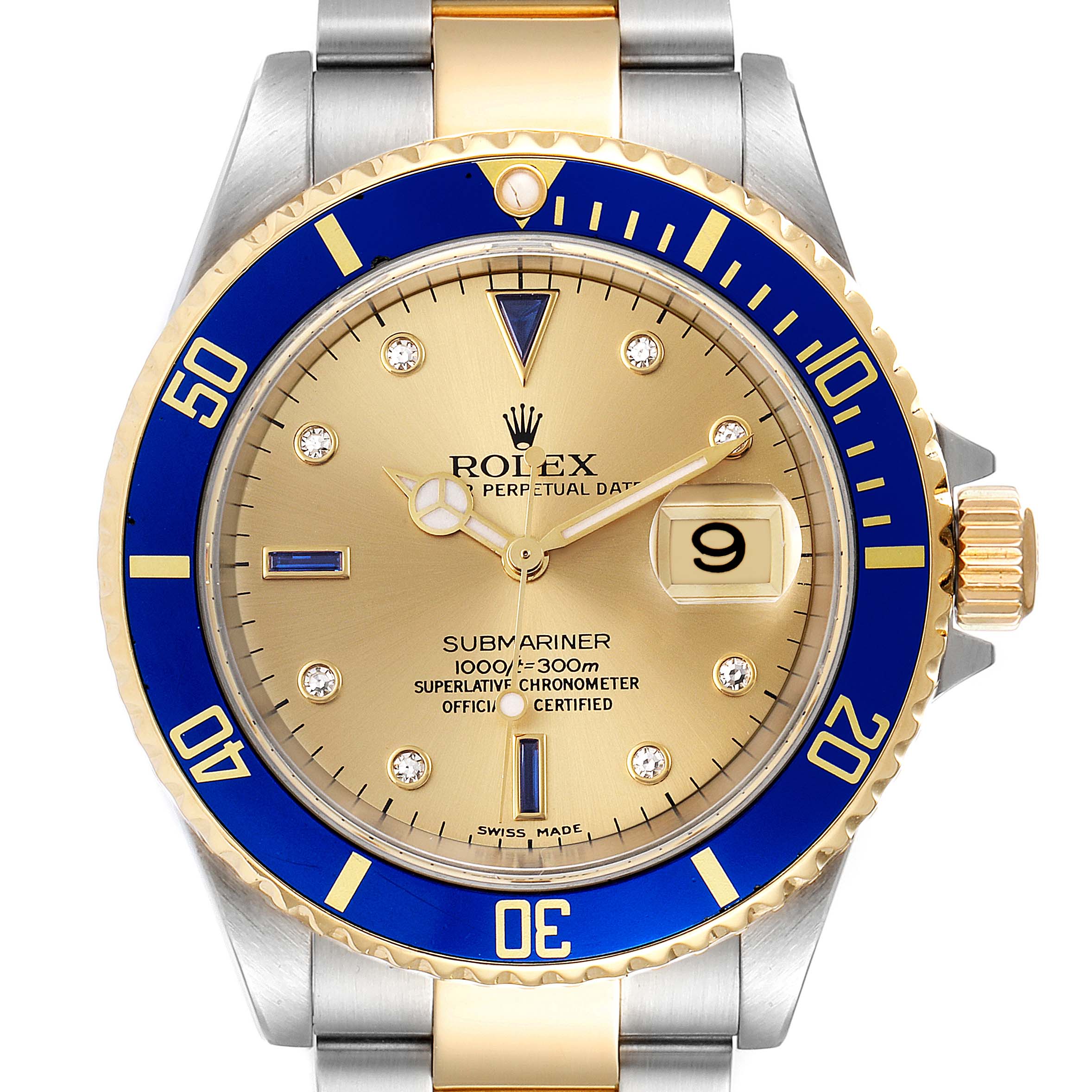 This image shows a front view of a Rolex Submariner 16613 Men's Steel and Gold (two tone) Champagne Dial 16613 Men's Steel and Gold (two tone) Champagne Dial watch with a gold dial, blue bezel, and two-tone bracelet.