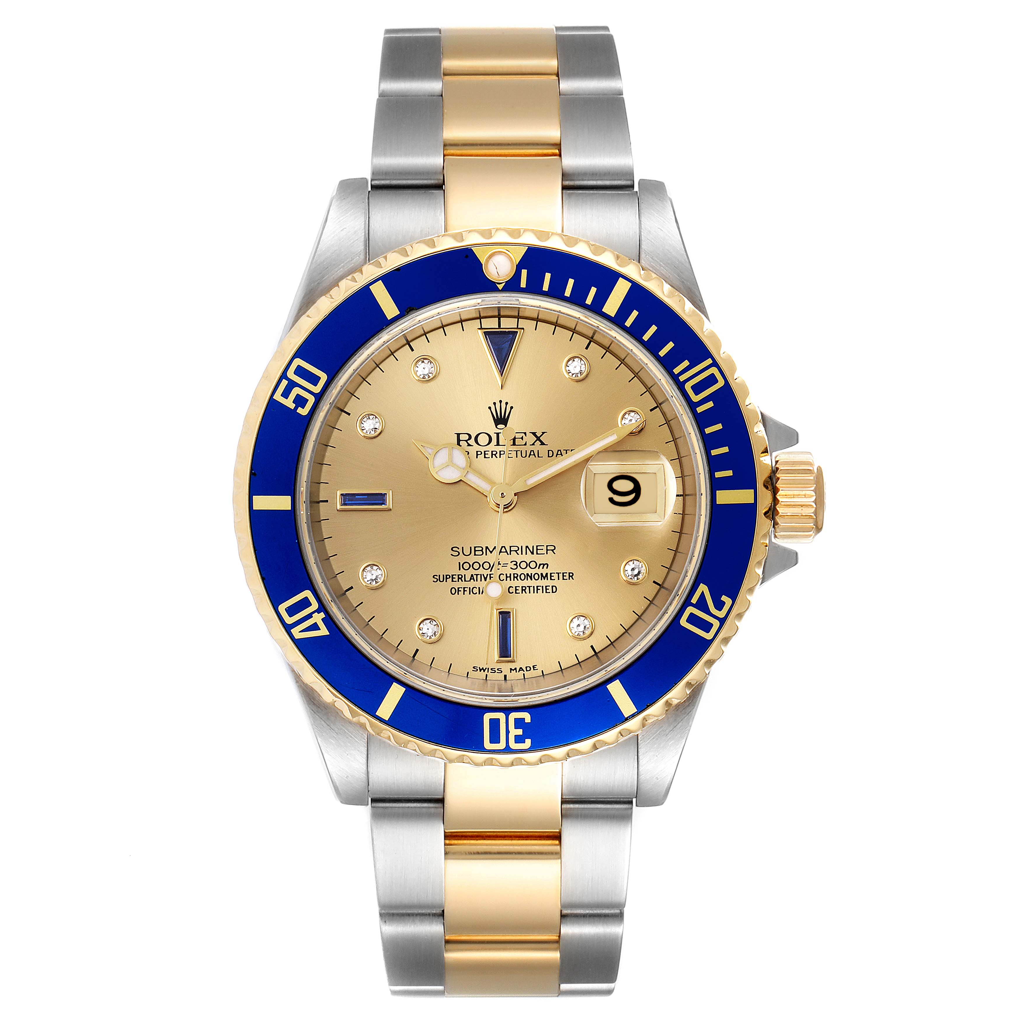 The image shows a front view of a Rolex Submariner 16613 Men's Steel and Gold (two tone) Champagne Dial 16613 Men's Steel and Gold (two tone) Champagne Dial watch, featuring a gold and blue bezel, gold dial, and a two-tone bracelet.