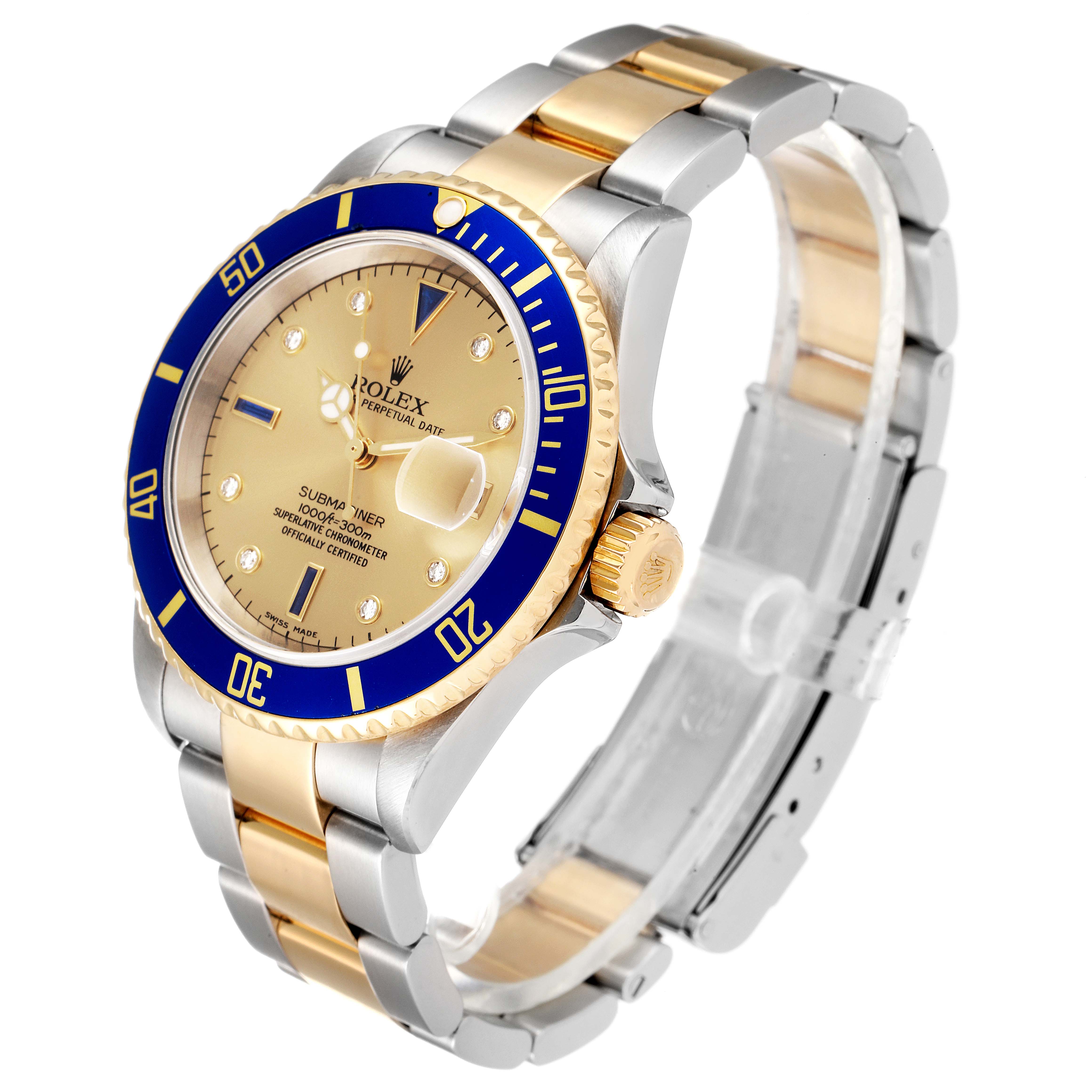 The image shows a Rolex Submariner 16613 Men's Steel and Gold (two tone) Champagne Dial 16613 Men's Steel and Gold (two tone) Champagne Dial watch at a three-quarter angle, displaying its face, bezel, and bracelet.
