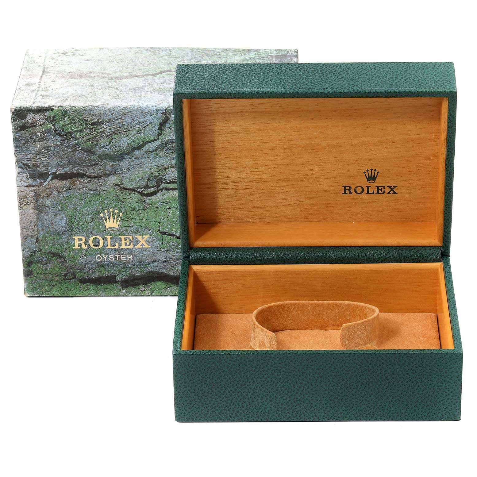 The image shows an open Rolex Submariner 16613 Men's Steel and Gold (two tone) Champagne Dial 16613 Men's Steel and Gold (two tone) Champagne Dial watch box and its outer packaging from a straight-on angle.