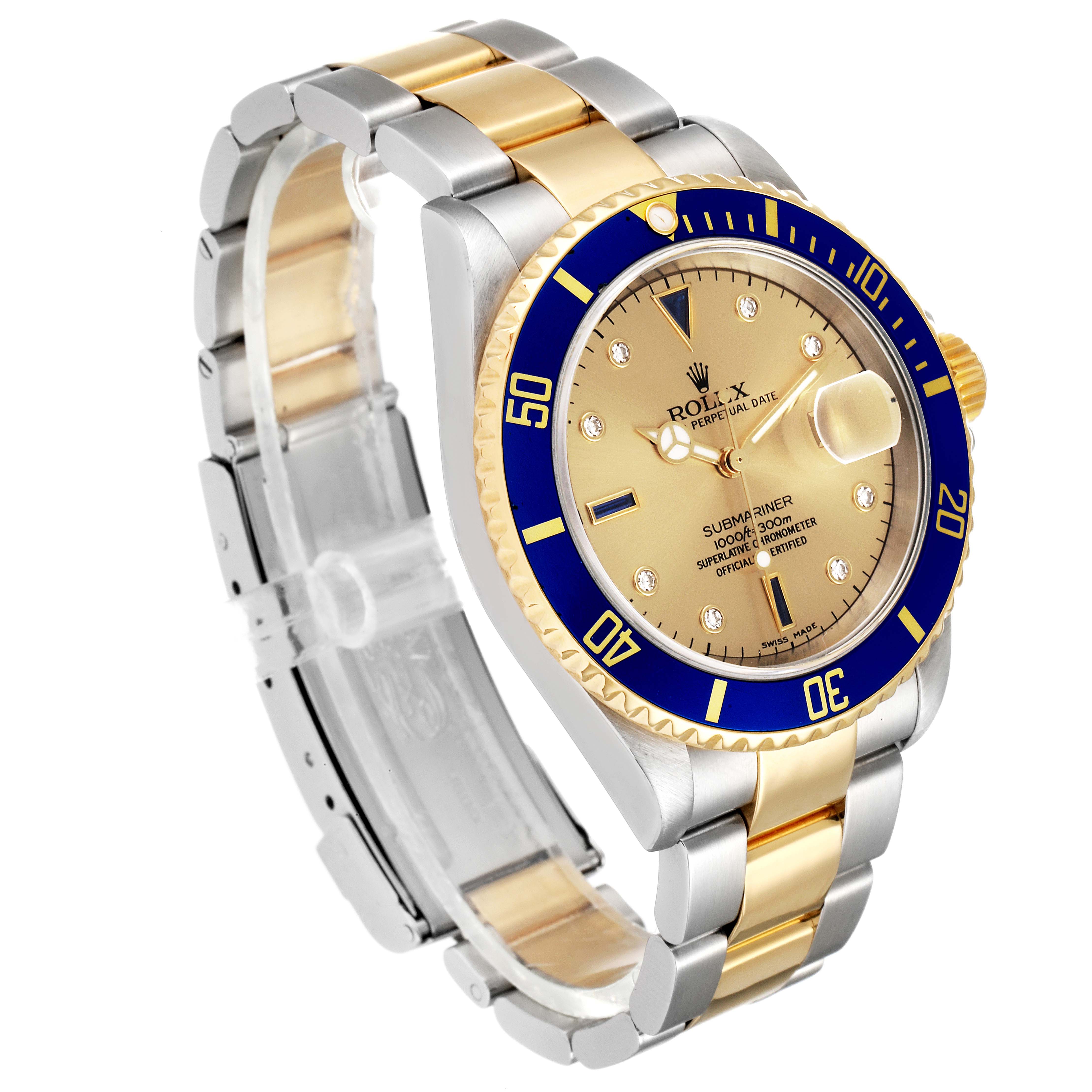 This image shows a Rolex Submariner 16613 Men's Steel and Gold (two tone) Champagne Dial 16613 Men's Steel and Gold (two tone) Champagne Dial watch at an angle highlighting its blue bezel, gold dial, and two-tone bracelet.