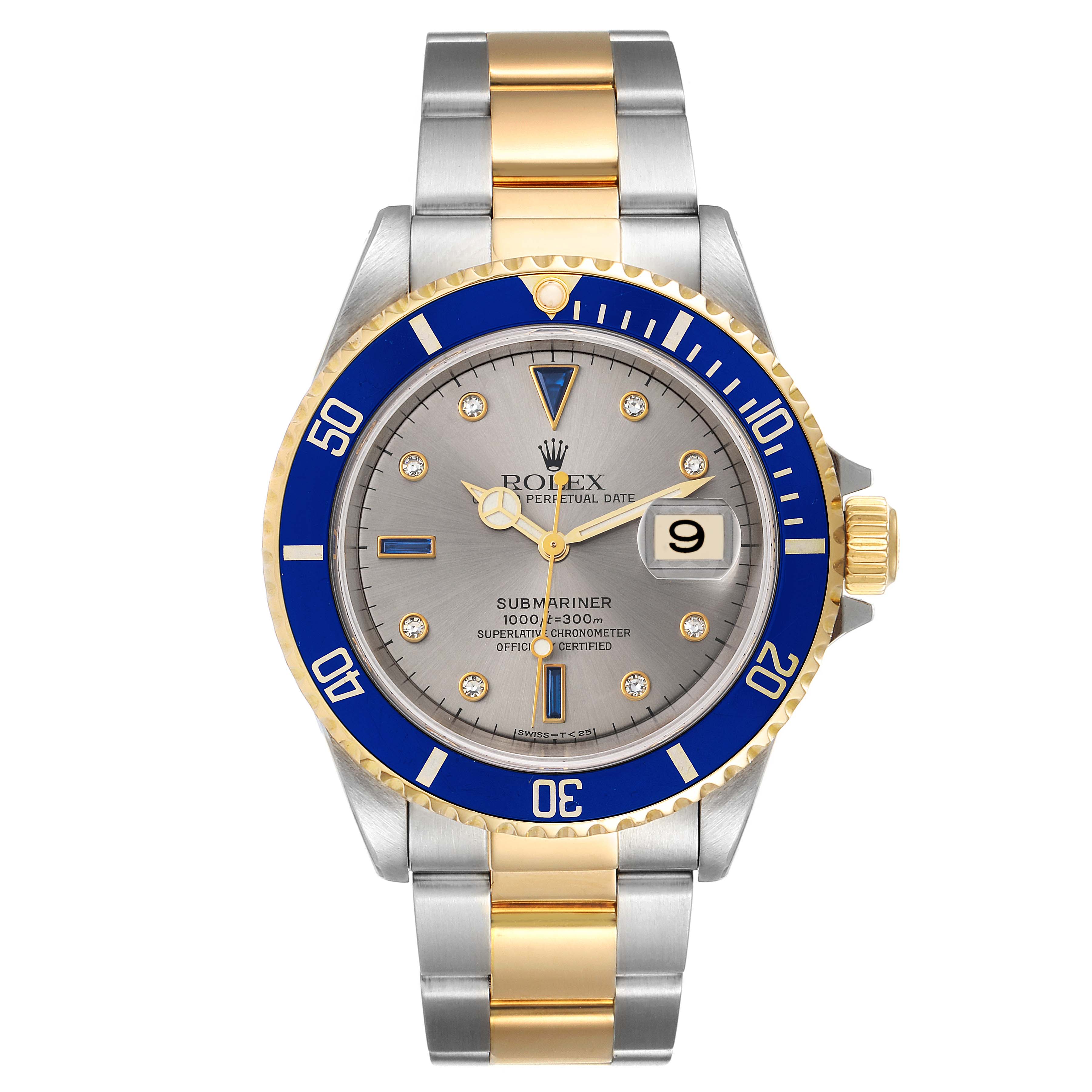 The Rolex Submariner 16613 Men
s Steel and Gold (two tone) Grey Dial 16613 Men
s Steel and Gold (two tone) Grey Dial watch is shown from a front angle, displaying its face, bezel, and part of the bracelet.