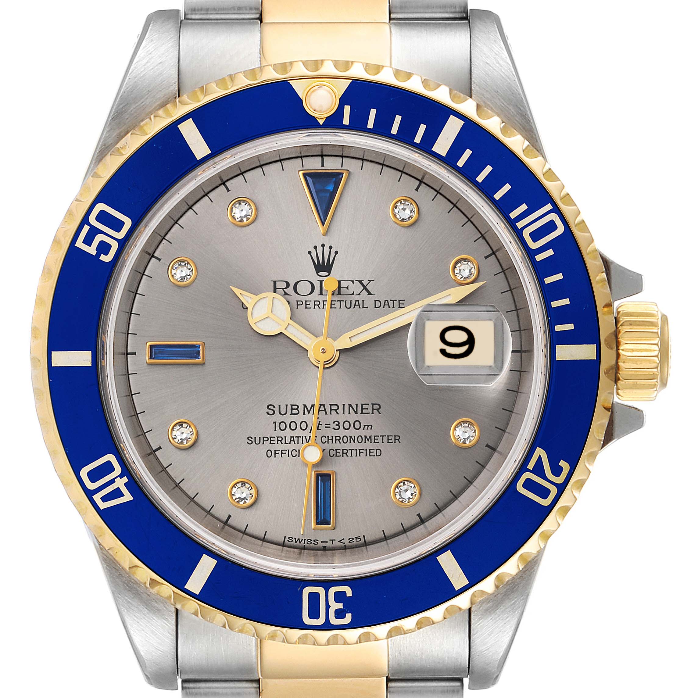 The image shows a front view of a Rolex Submariner 16613 Men
s Steel and Gold (two tone) Grey Dial 16613 Men
s Steel and Gold (two tone) Grey Dial, highlighting the dial, bezel, crown, and part of the bracelet.