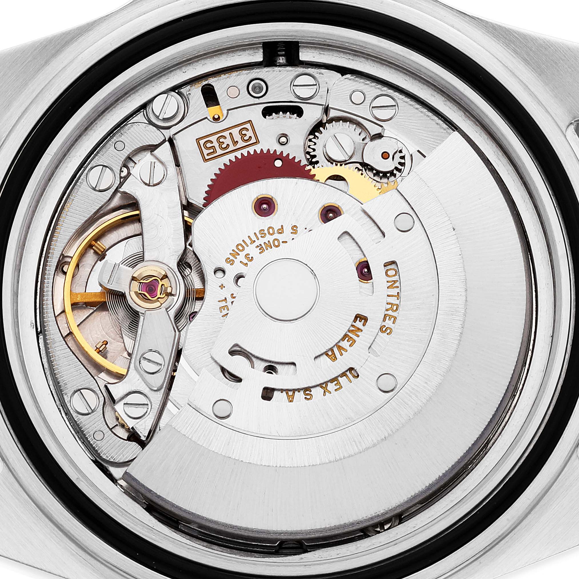 The image shows the internal mechanism and movement parts of a Rolex Submariner 16613 Men
s Steel and Gold (two tone) Grey Dial 16613 Men
s Steel and Gold (two tone) Grey Dial watch, viewed from the back.