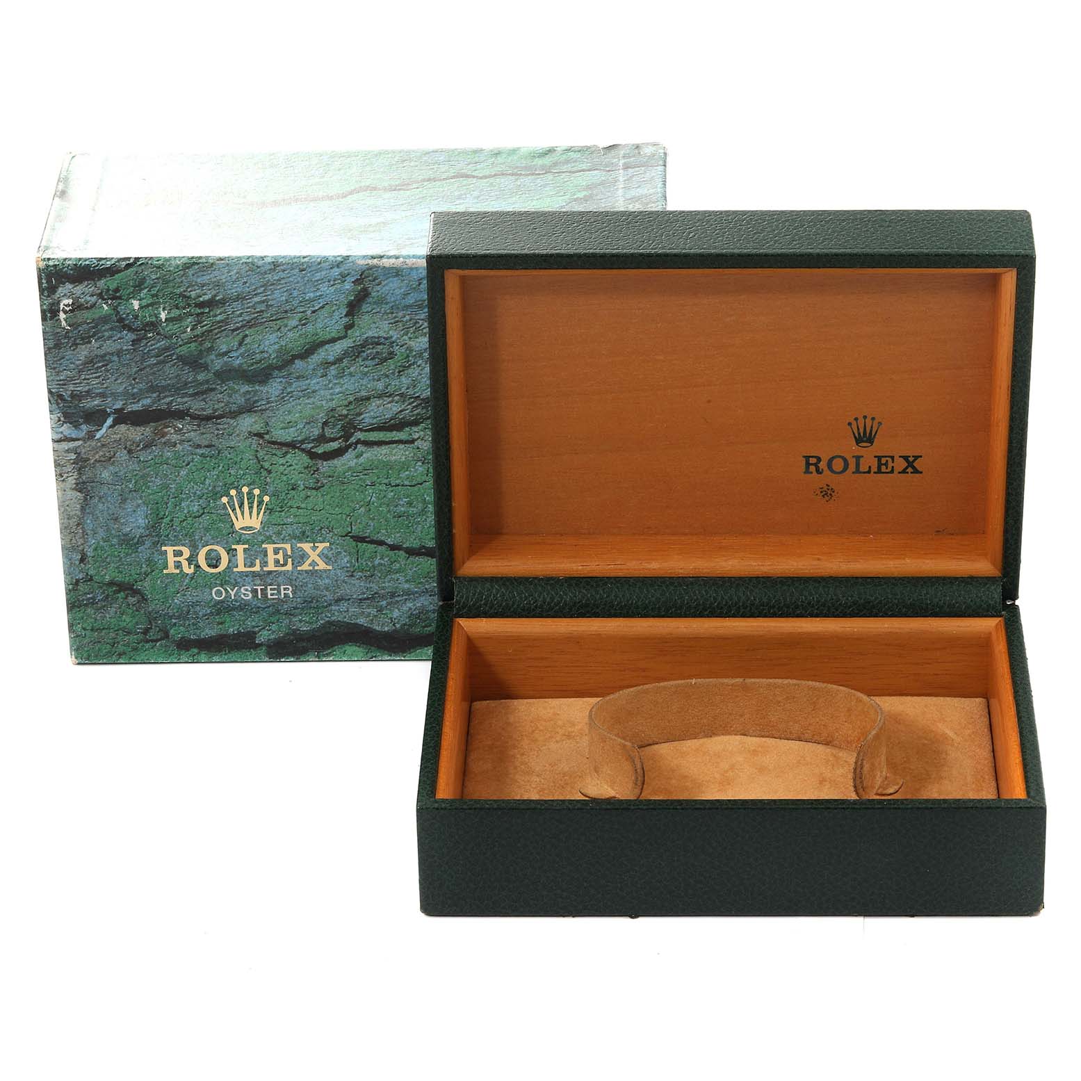 The image shows an open Rolex Submariner 16613 Men
s Steel and Gold (two tone) Grey Dial 16613 Men
s Steel and Gold (two tone) Grey Dial watch box with the lid and inner cushion displayed from a front angle.