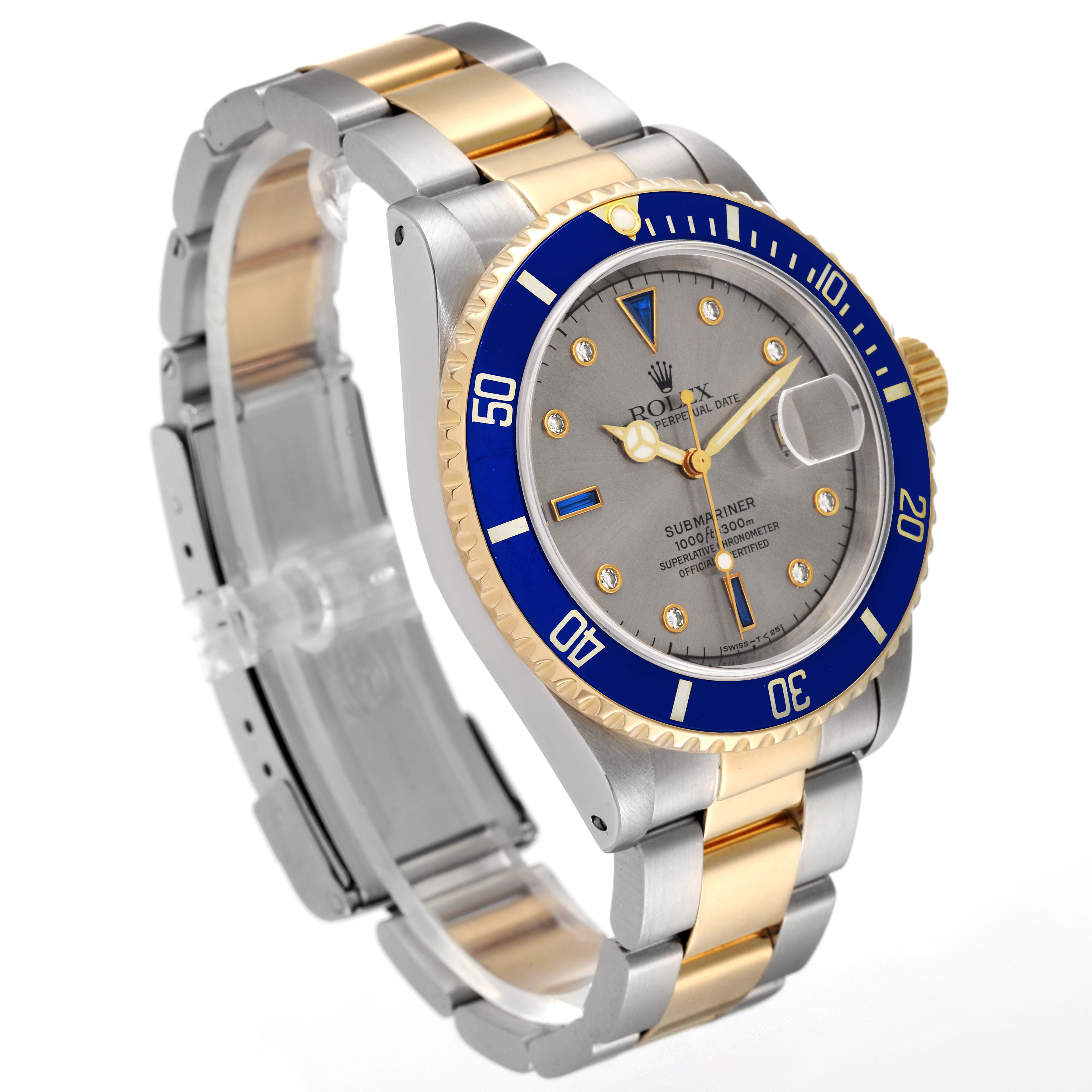 The image shows a Rolex Submariner 16613 Men
s Steel and Gold (two tone) Grey Dial 16613 Men
s Steel and Gold (two tone) Grey Dial model at a 3/4 angle, highlighting the dial, bezel, bracelet, and crown.