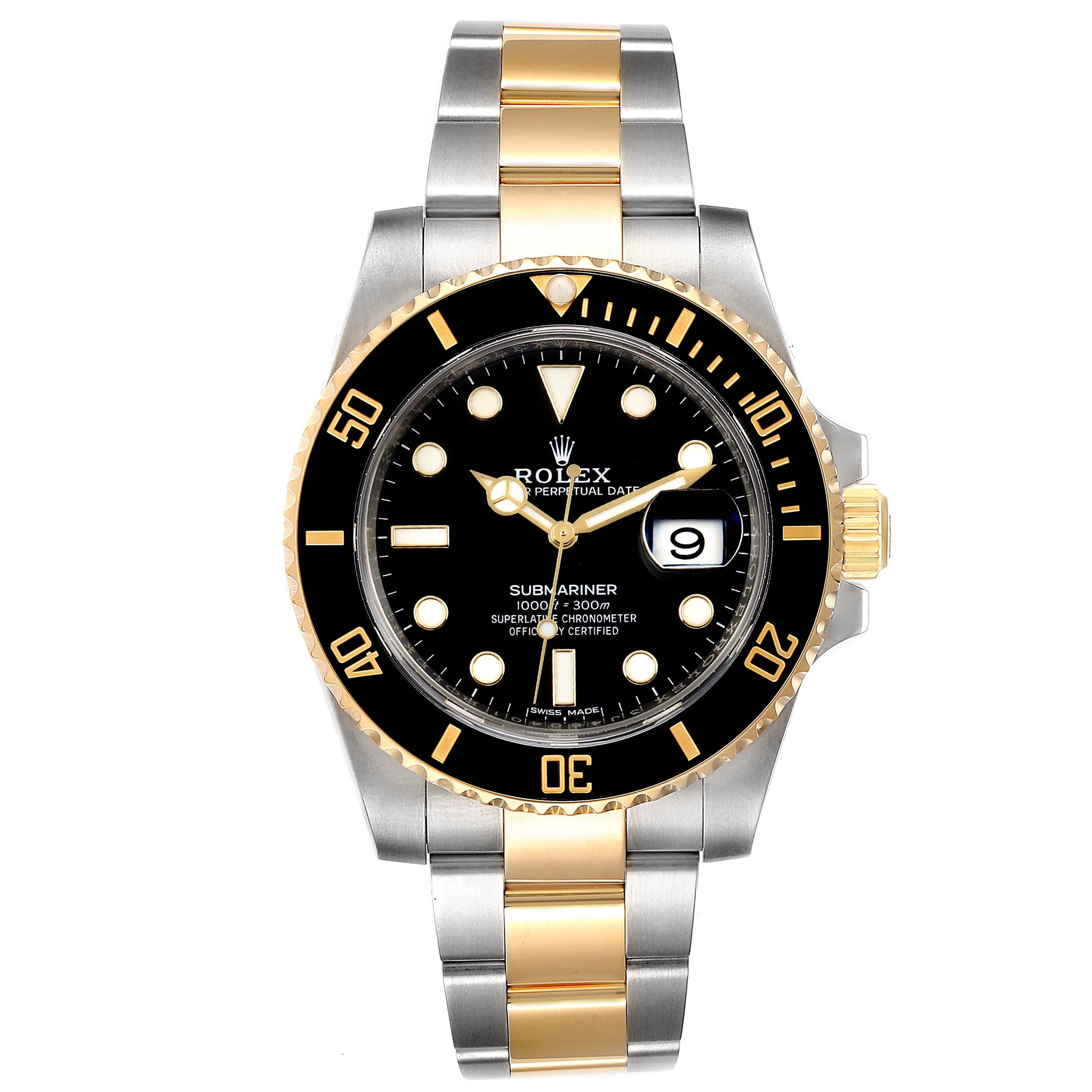 This image shows a front view of a Rolex Submariner 116613 Men's Steel and Gold (two tone) Black Dial 116613 Men's Steel and Gold (two tone) Black Dial watch, displaying its two-tone band, black dial, and rotating bezel.