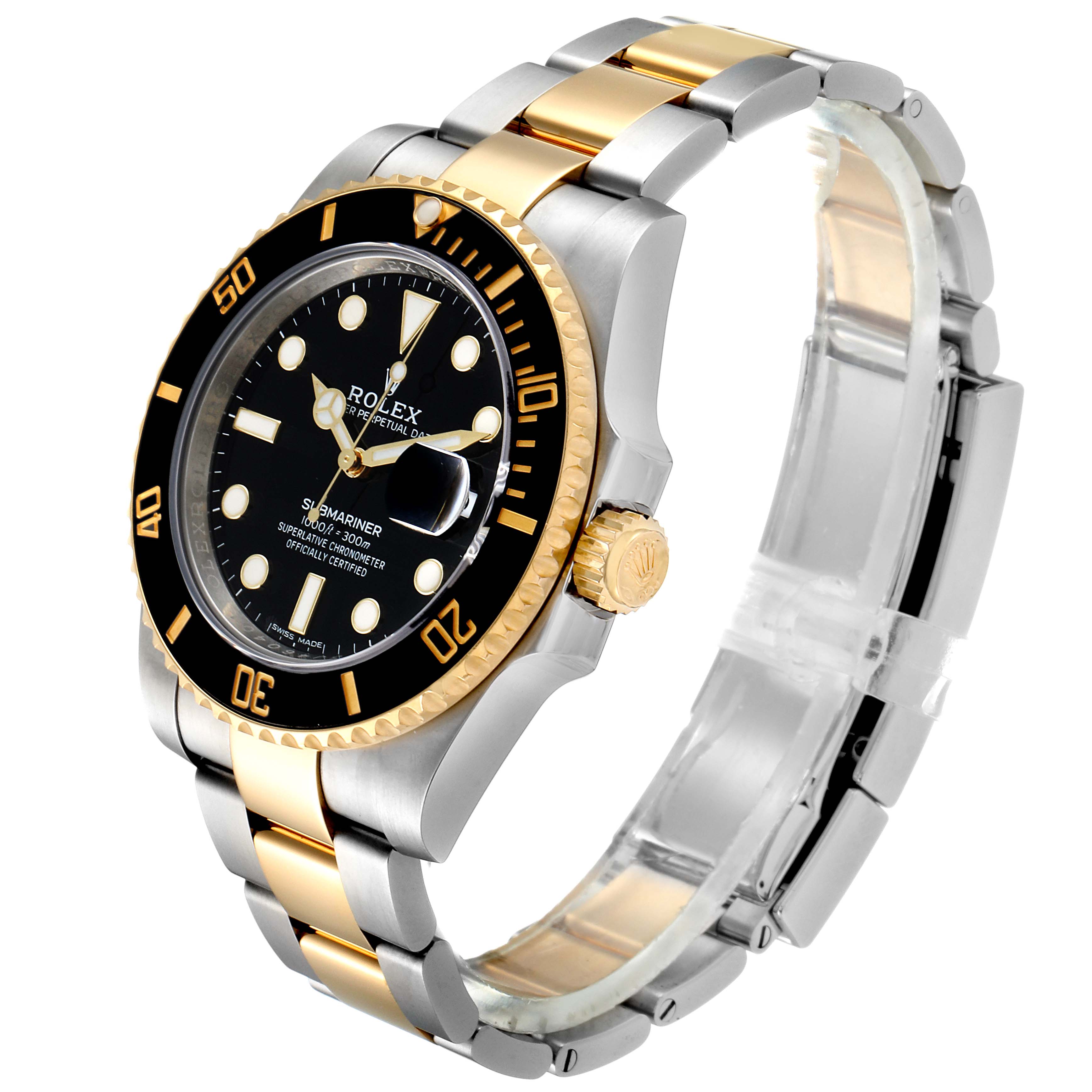 The image shows a side angle view of a Rolex Submariner 116613 Men's Steel and Gold (two tone) Black Dial 116613 Men's Steel and Gold (two tone) Black Dial watch, highlighting its black dial, rotating bezel, and two-tone bracelet.