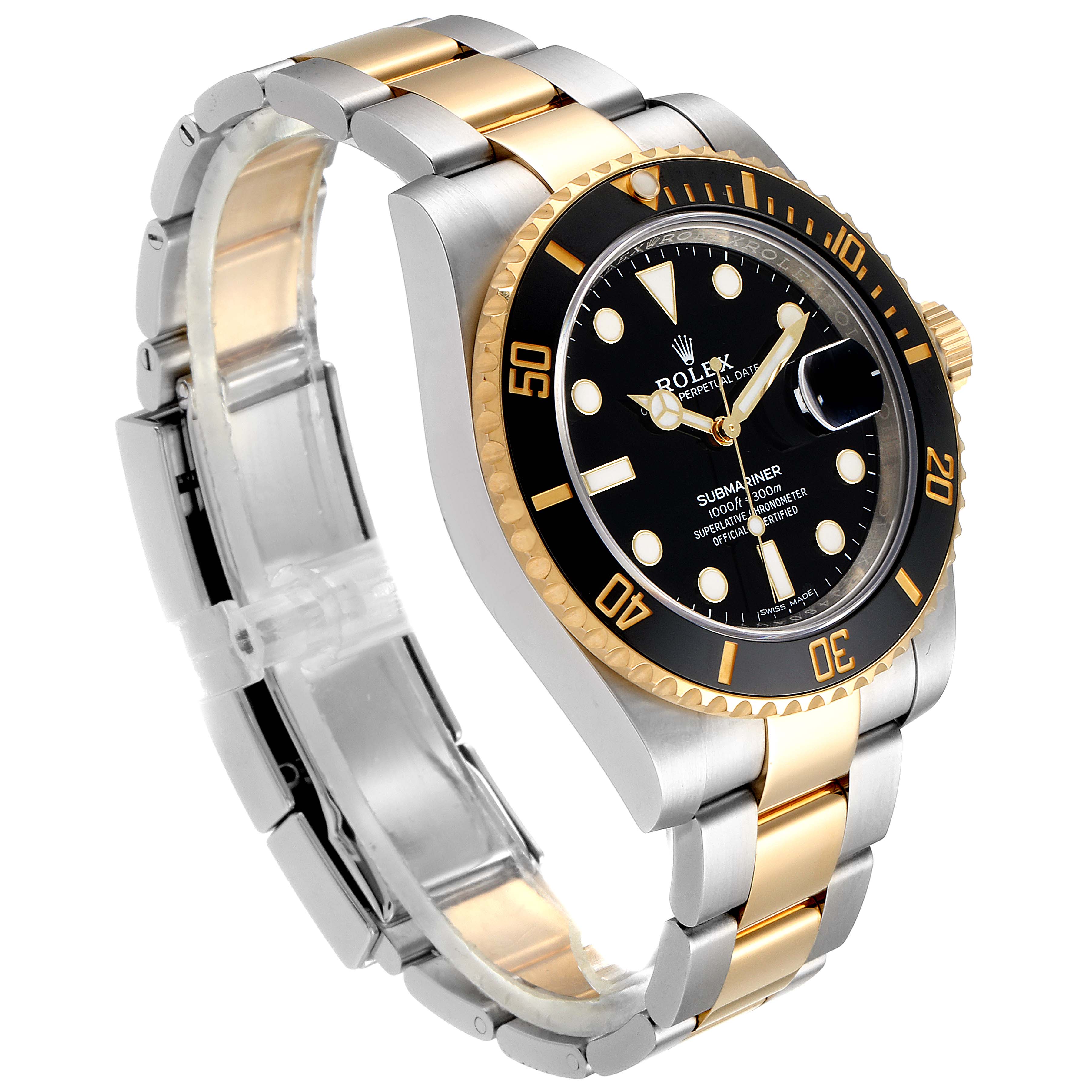 The image shows a Rolex Submariner 116613 Men's Steel and Gold (two tone) Black Dial 116613 Men's Steel and Gold (two tone) Black Dial watch at a slight angle, highlighting its black dial, gold and silver bracelet, and rotating bezel.