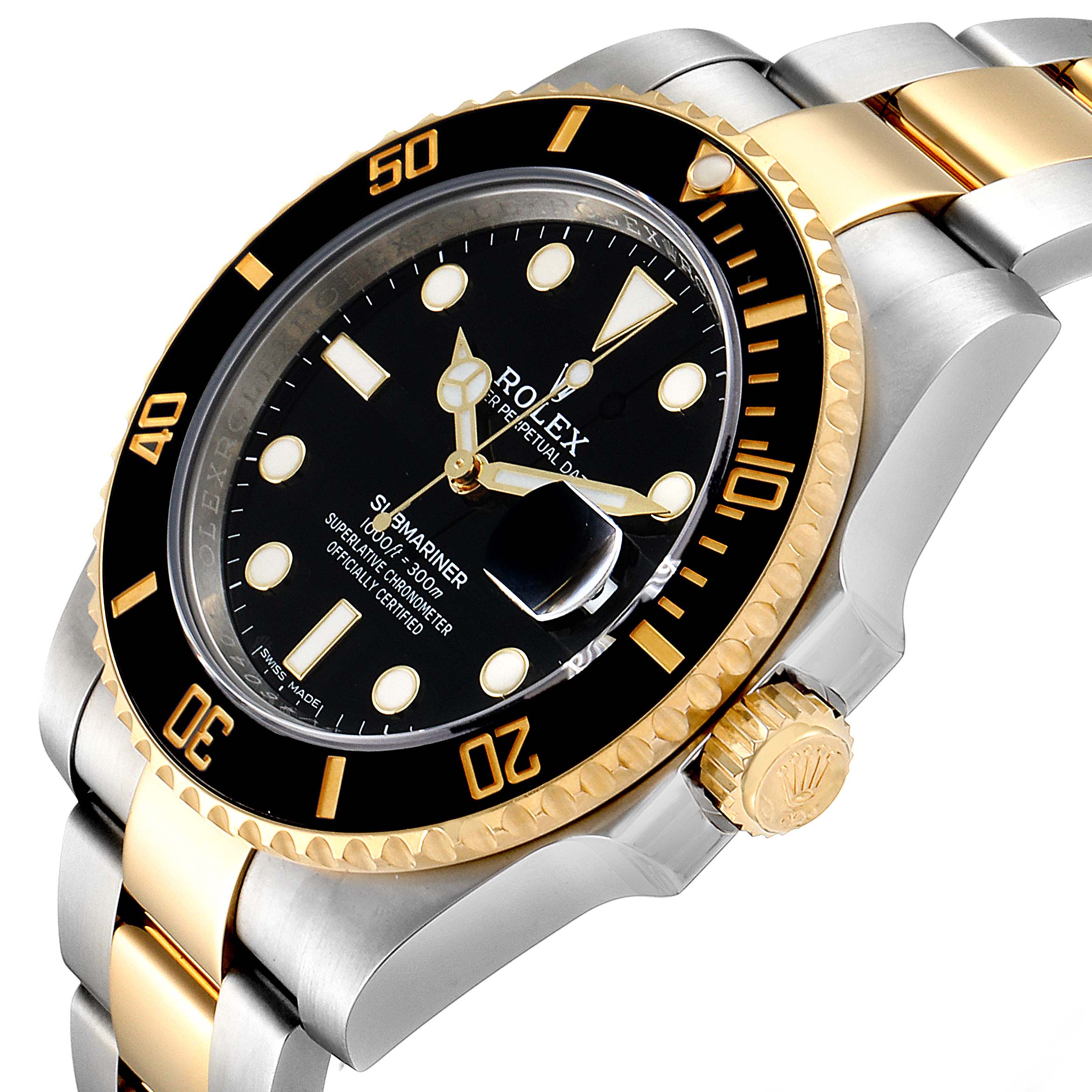 The image shows a close-up side angle of the Rolex Submariner 116613 Men's Steel and Gold (two tone) Black Dial 116613 Men's Steel and Gold (two tone) Black Dial watch, highlighting the bezel, dial, and two-tone bracelet.