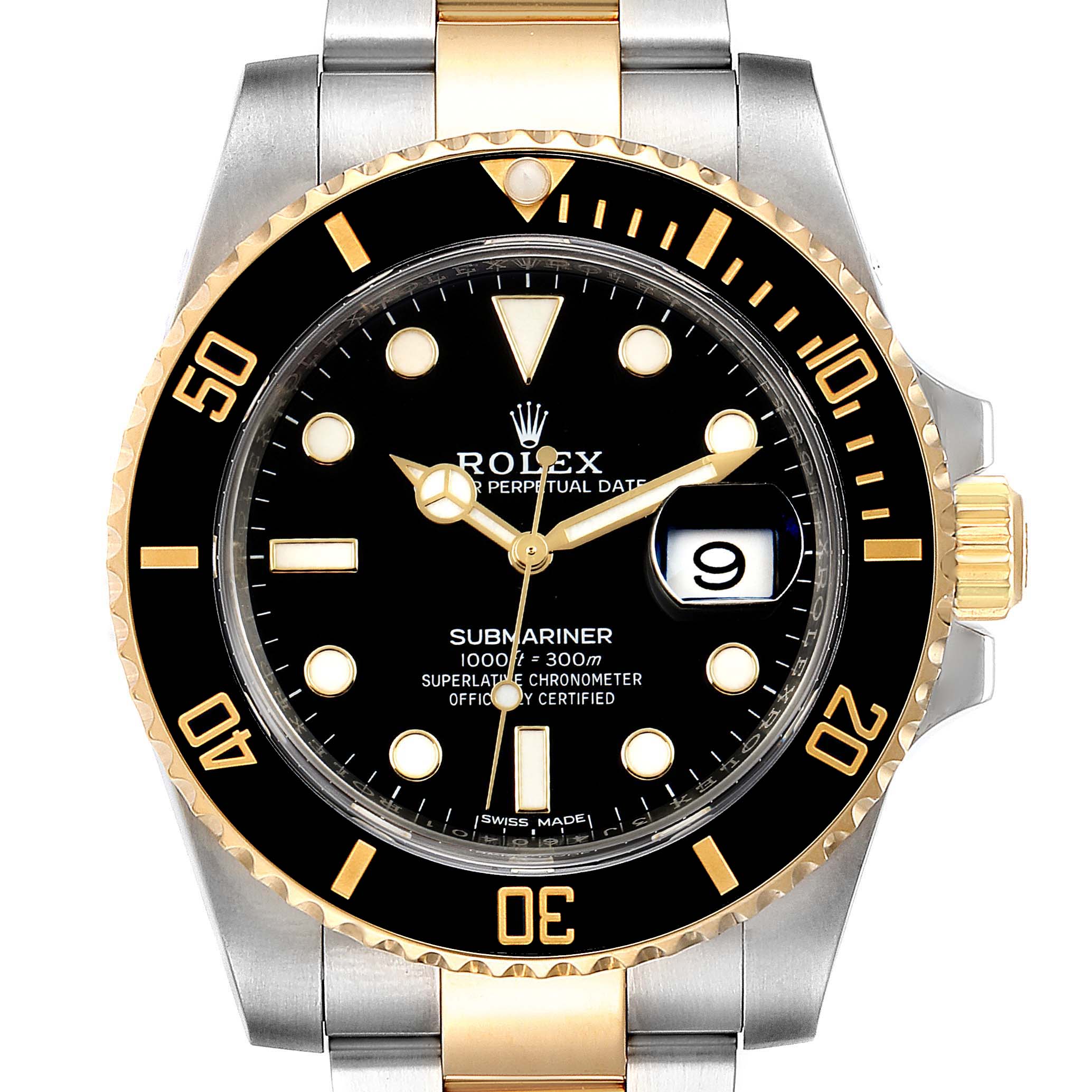 This Rolex Submariner 116613 Men's Steel and Gold (two tone) Black Dial 116613 Men's Steel and Gold (two tone) Black Dial model is shown from a front angle, displaying the dial, bezel, and part of the bracelet.