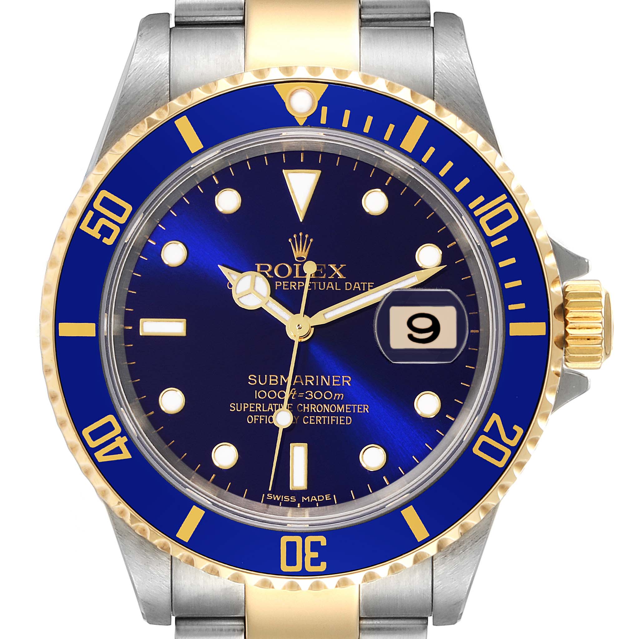 This image shows a front view of a Rolex Submariner 16613 Men's Steel and Gold (two tone) Blue Dial 16613 Men's Steel and Gold (two tone) Blue Dial watch, featuring a blue dial, date display, and a two-tone bracelet combination.