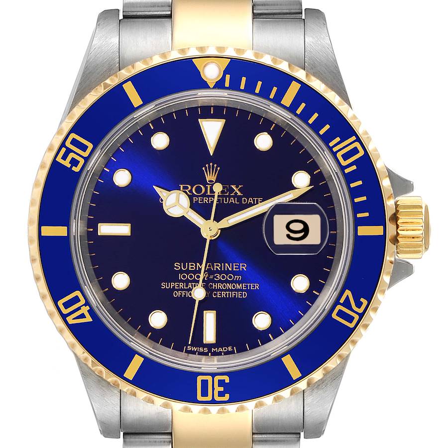 Rolex Submariner Steel Yellow Gold Purple Blue Dial Mens Watch 16613 Box Card SwissWatchExpo