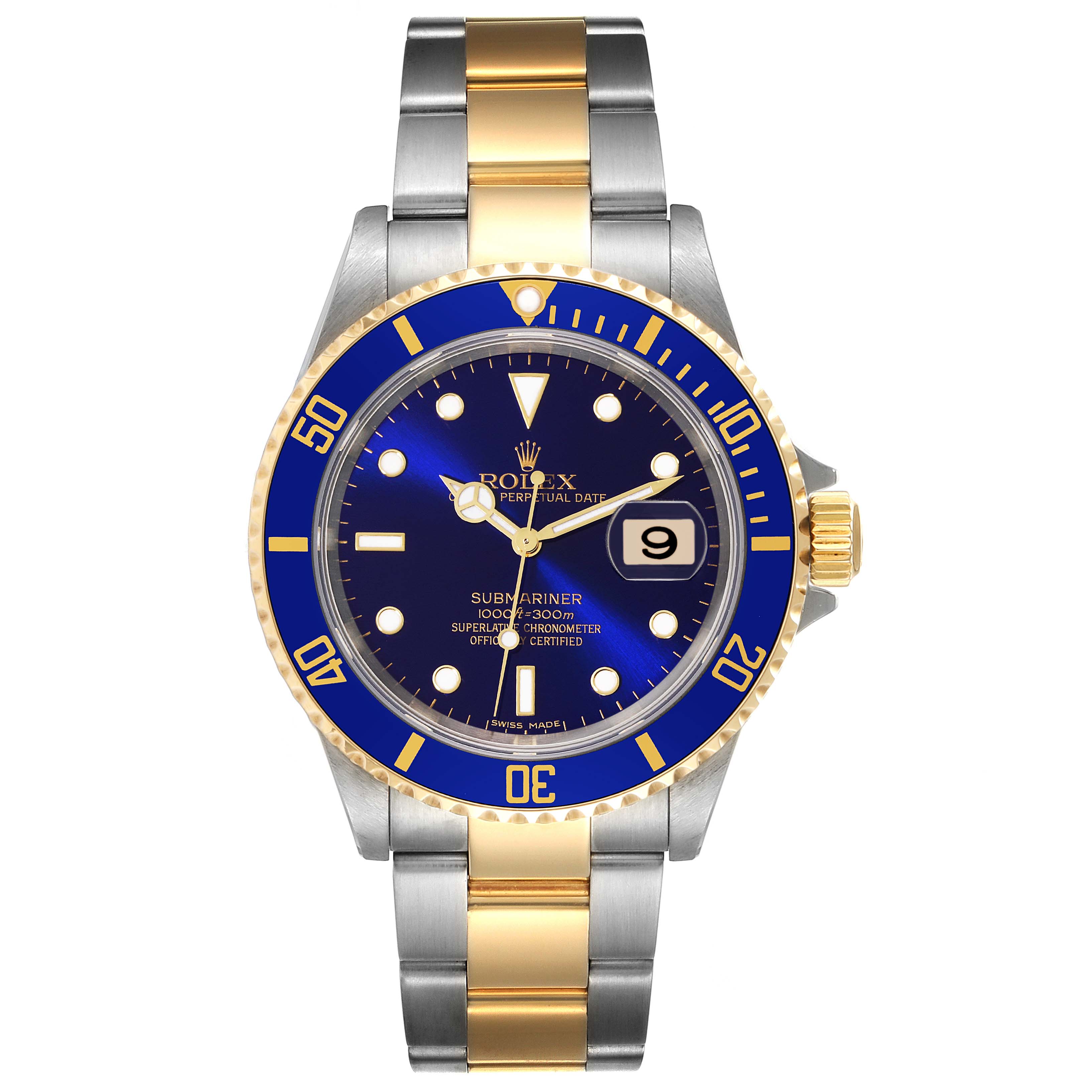 The image shows a front view of a Rolex Submariner 16613 Men's Steel and Gold (two tone) Blue Dial 16613 Men's Steel and Gold (two tone) Blue Dial watch, highlighting its blue dial, bezel, and two-tone metal bracelet.