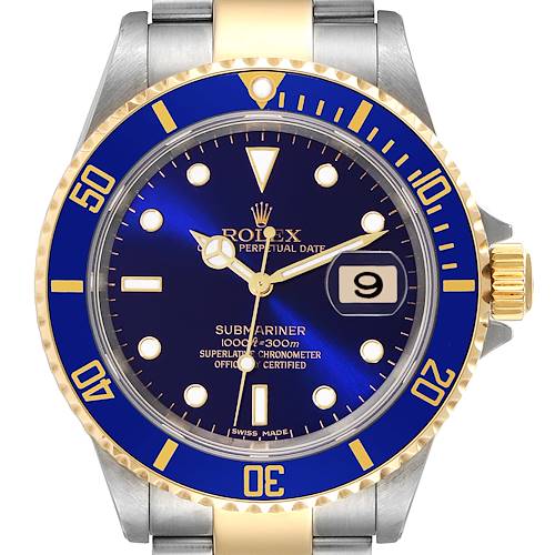 Photo of Rolex Submariner Steel Yellow Gold Purple Blue Dial Mens Watch 16613 Box Card