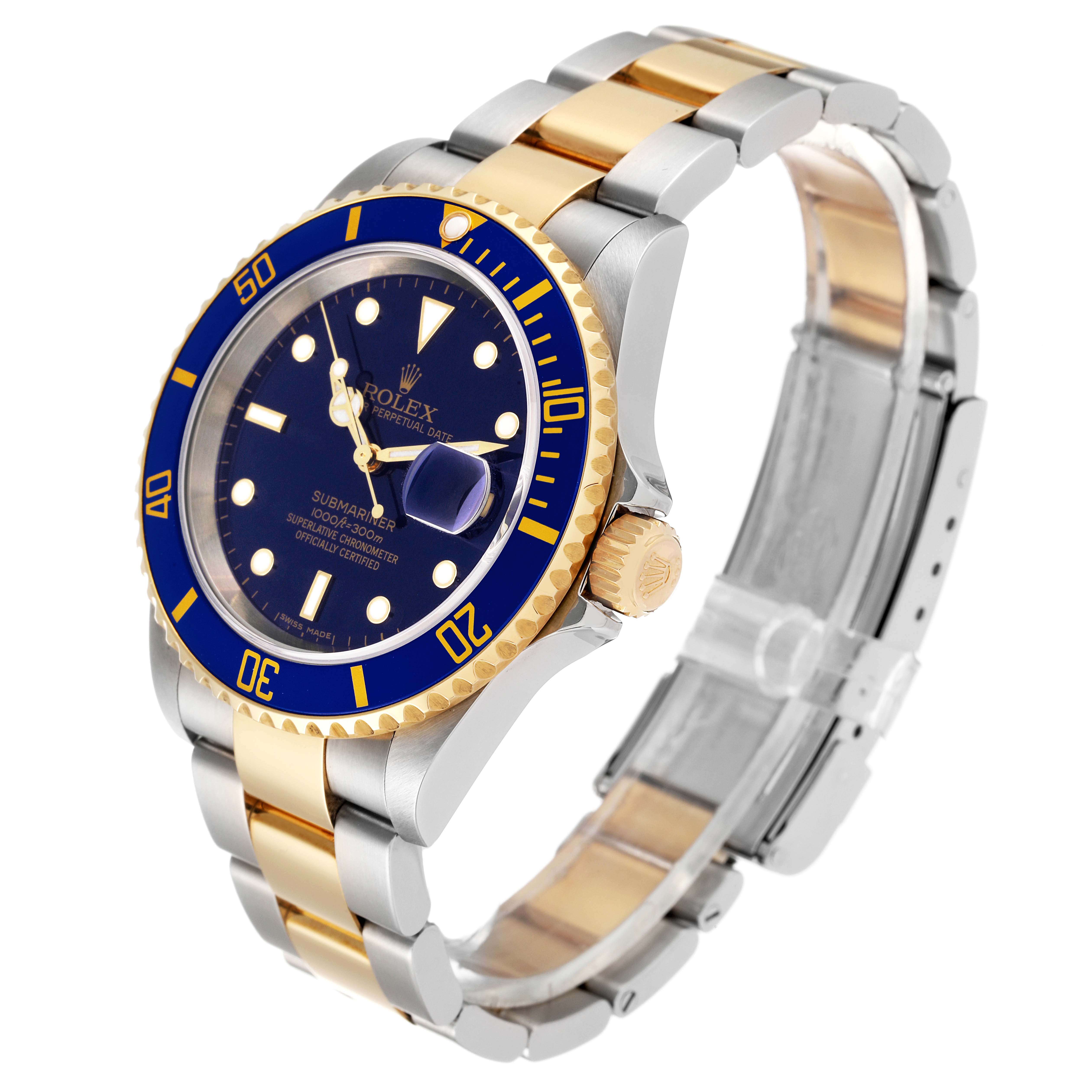 The image shows a side-angle view of a Rolex Submariner 16613 Men's Steel and Gold (two tone) Blue Dial 16613 Men's Steel and Gold (two tone) Blue Dial watch, depicting the face, bezel, and two-tone bracelet.