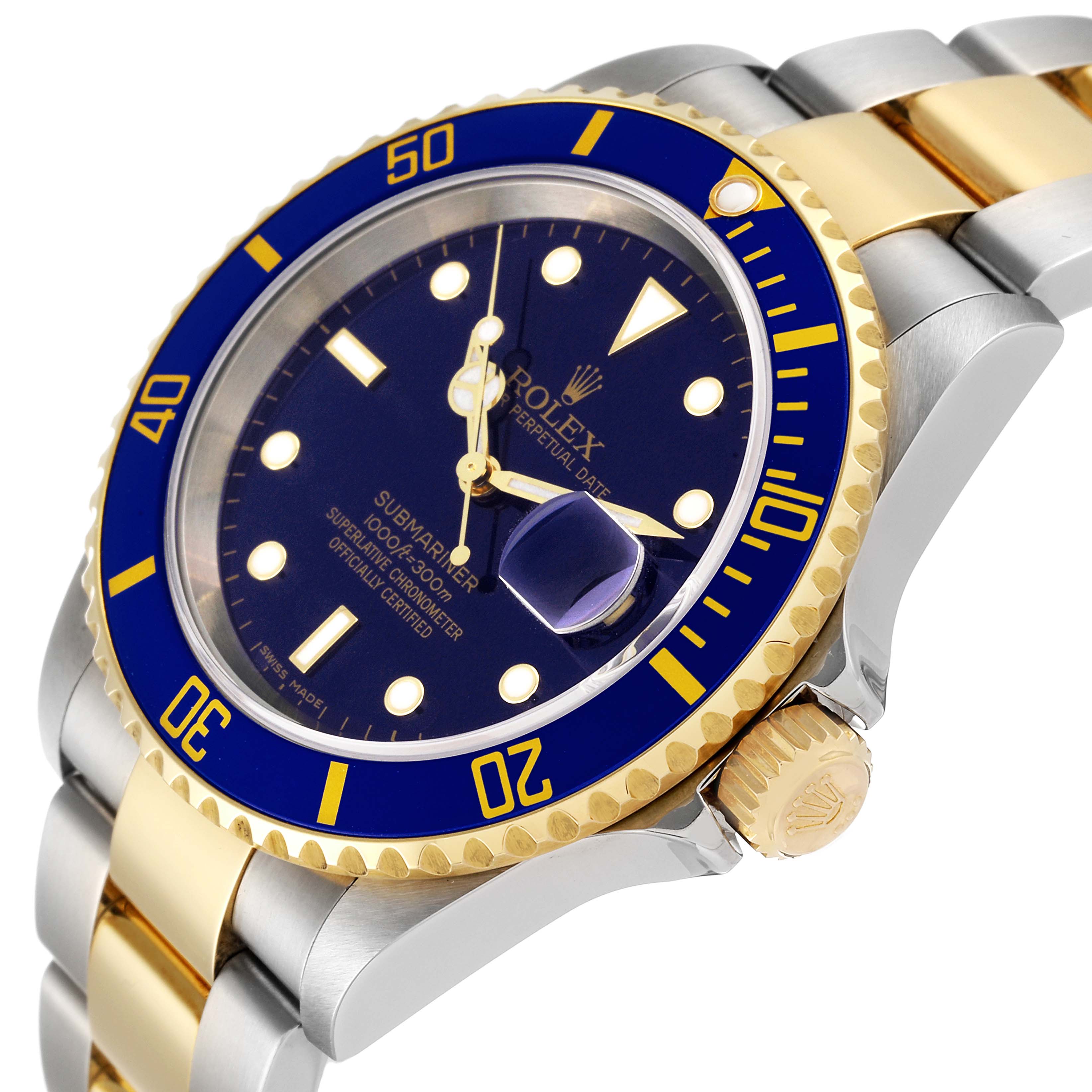 This image shows a Rolex Submariner 16613 Men's Steel and Gold (two tone) Blue Dial 16613 Men's Steel and Gold (two tone) Blue Dial watch from an angled side view, highlighting its blue dial, bezel, and two-tone bracelet.