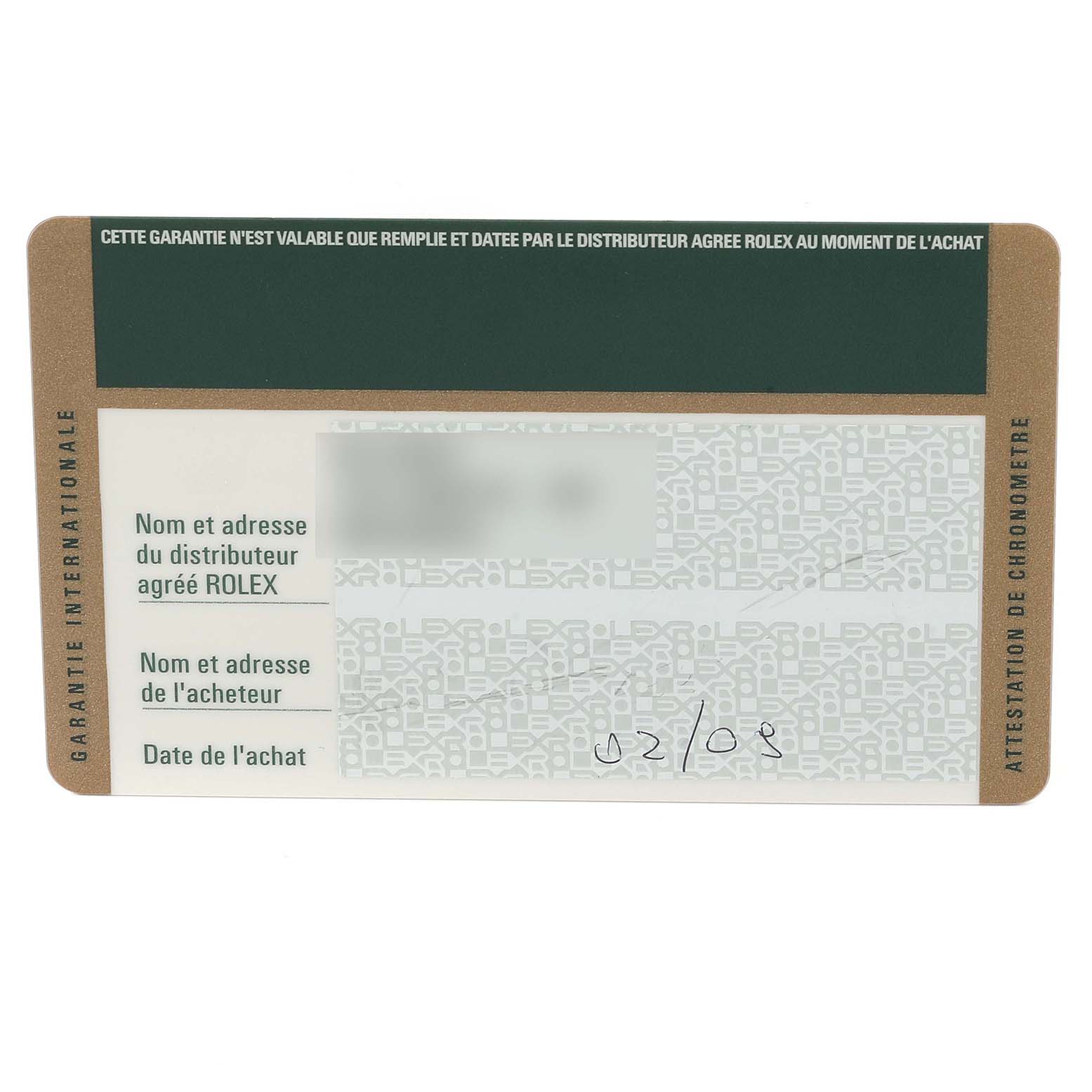 The image shows the front side of an international guarantee card for the Rolex Submariner 16613 Men's Steel and Gold (two tone) Blue Dial 16613 Men's Steel and Gold (two tone) Blue Dial watch.