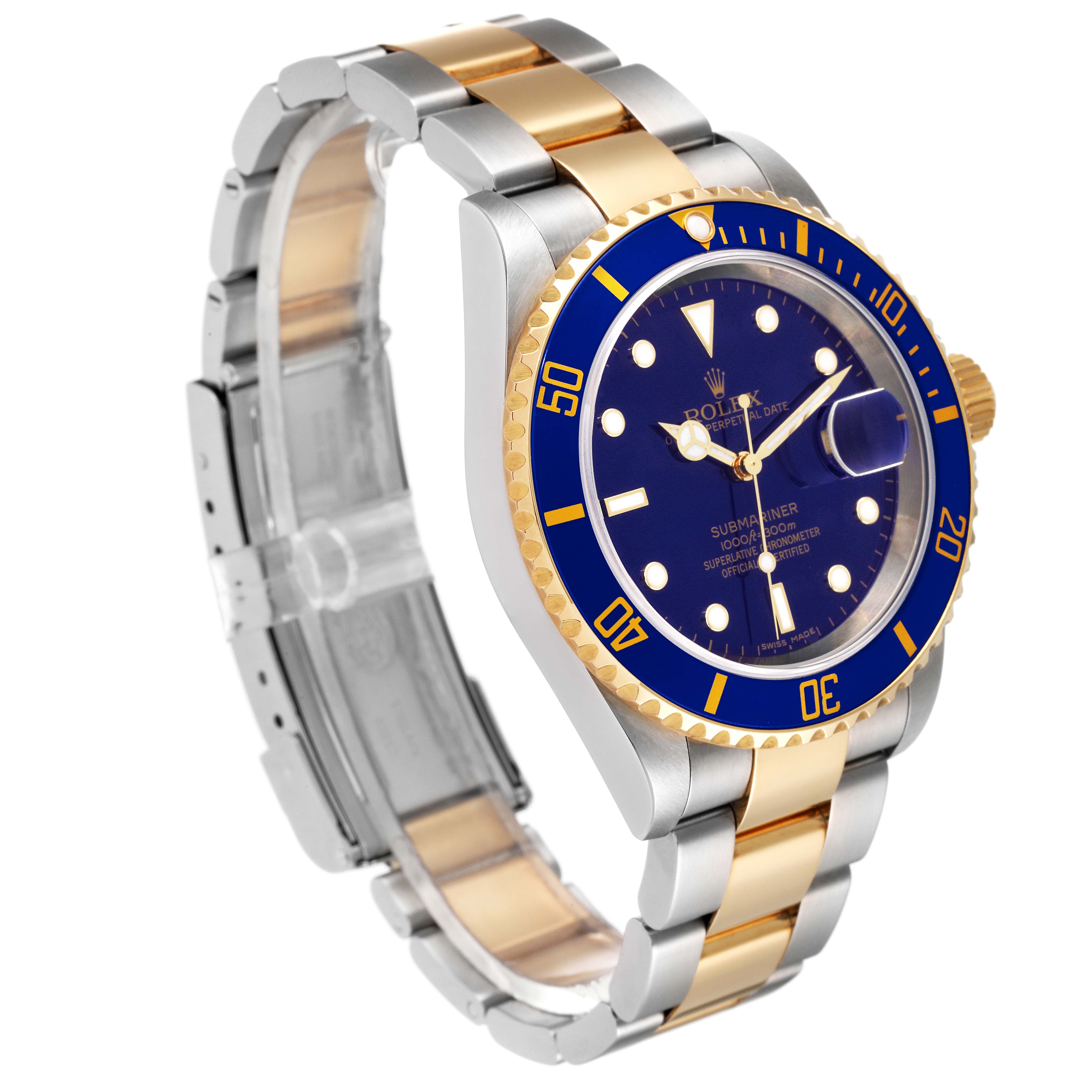 The Rolex Submariner 16613 Men's Steel and Gold (two tone) Blue Dial 16613 Men's Steel and Gold (two tone) Blue Dial watch is shown at a three-quarter angle, displaying the face, bezel, crown, and bracelet.