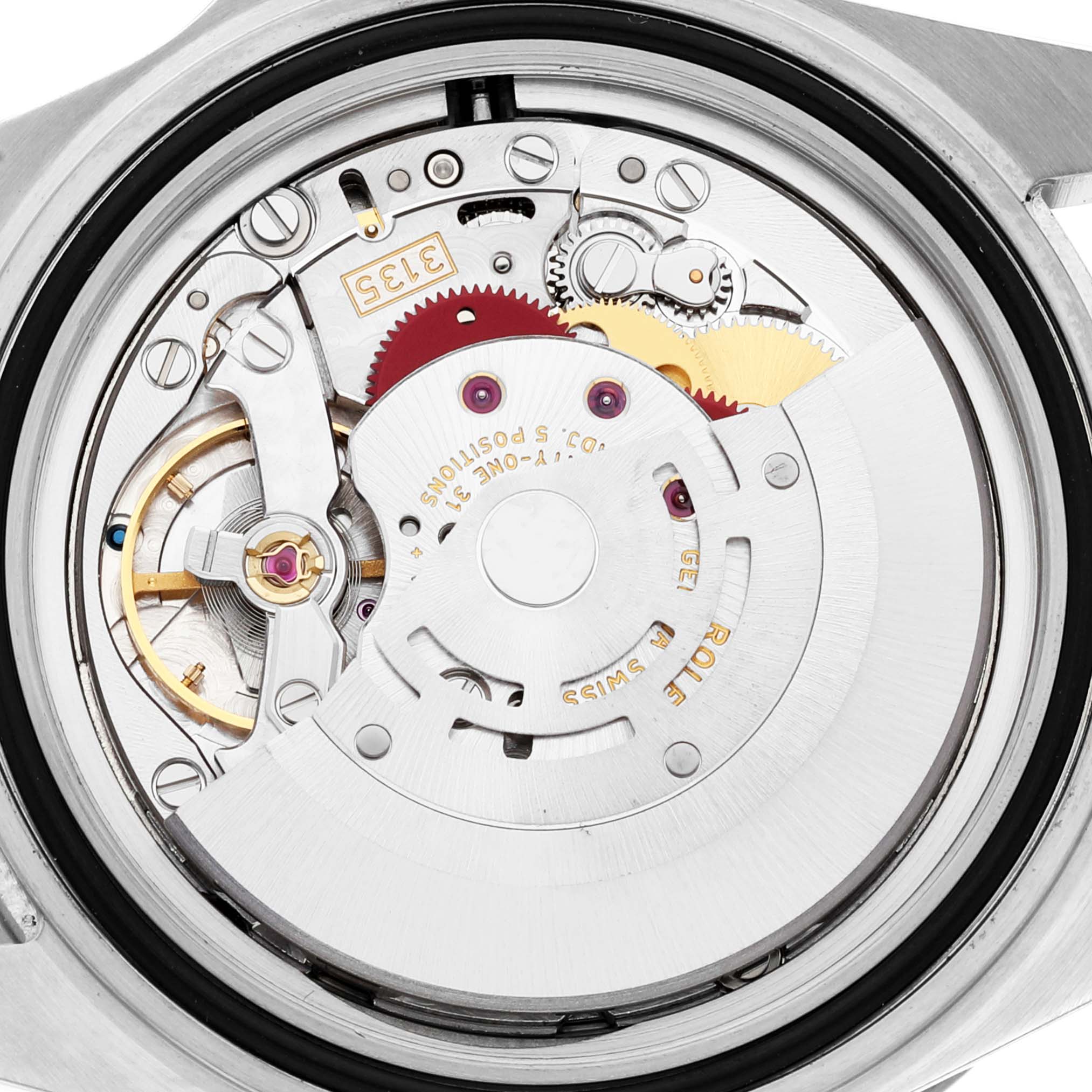 The image shows a close-up view of the movement and inner mechanics of a Rolex Submariner 16613 Men's Steel and Gold (two tone) Blue Dial 16613 Men's Steel and Gold (two tone) Blue Dial watch.